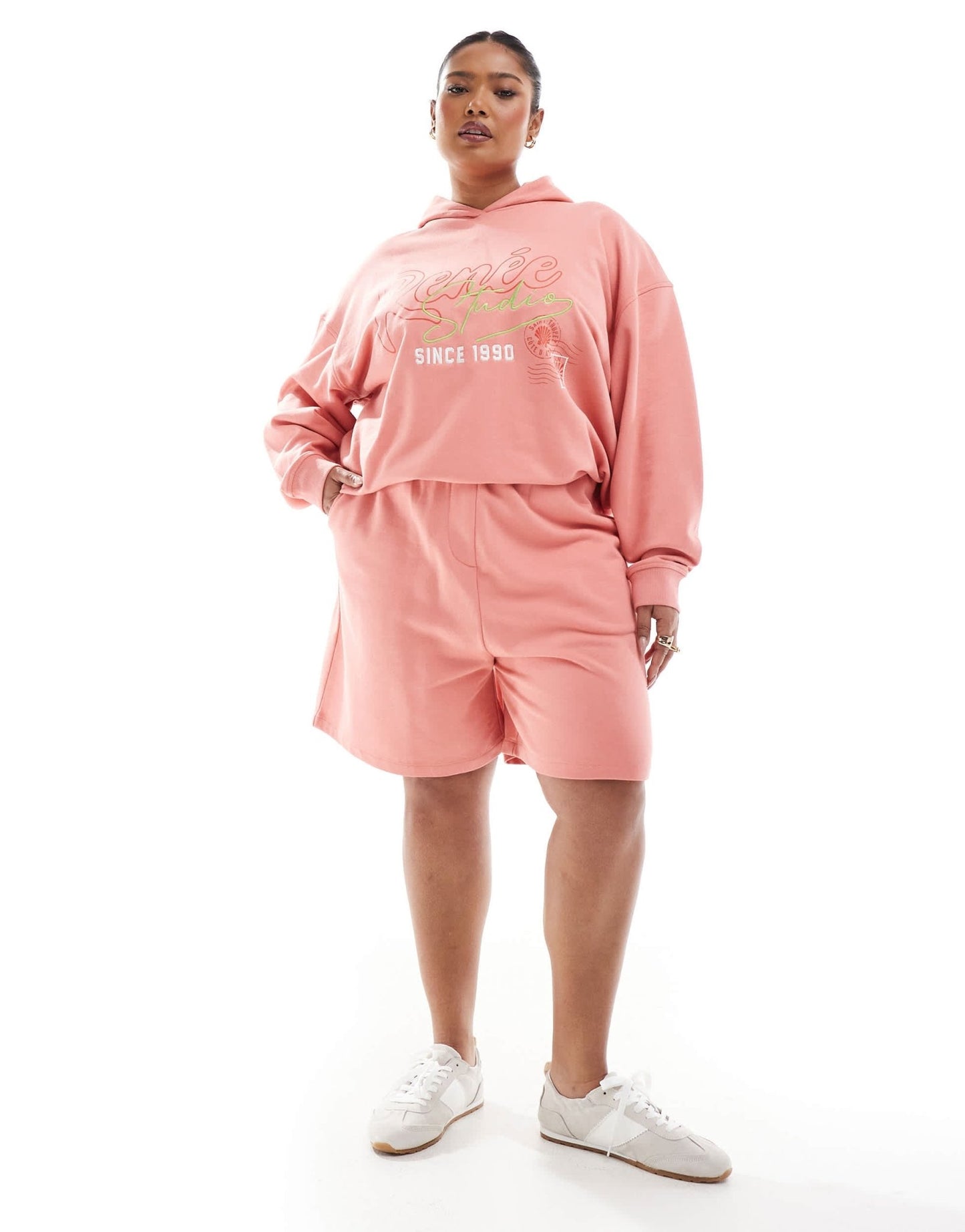 Renee Studio Plus exclusive embroidered logo graphic hoodie co-ord in peach - ASOS Sample Sale