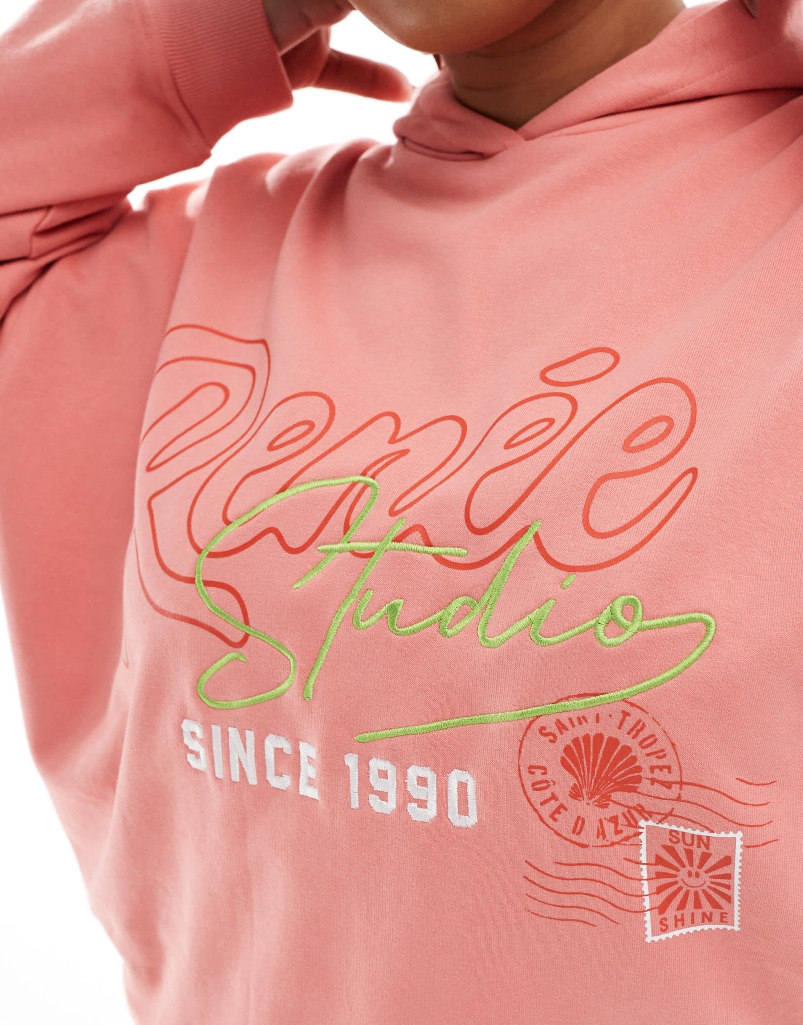 Renee Studio Plus exclusive embroidered logo graphic hoodie co-ord in peach - ASOS Sample Sale