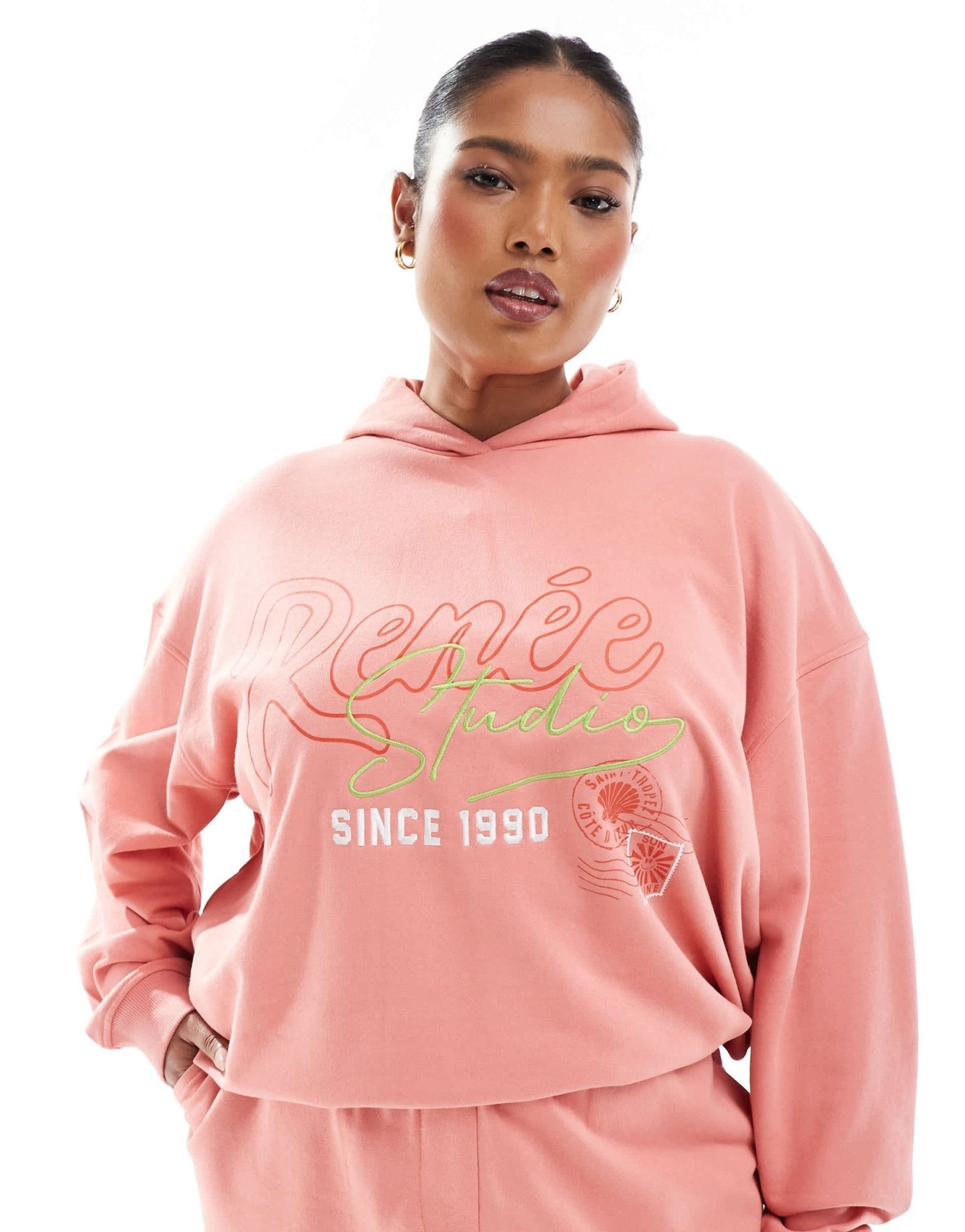 Renee Studio Plus exclusive embroidered logo graphic hoodie co-ord in peach - ASOS Sample Sale