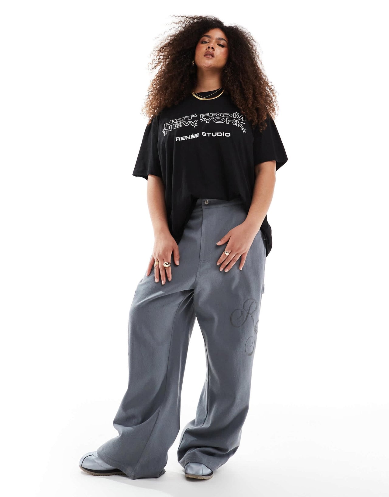 Renee Studio Plus exclusive high waisted logo embroidered wide leg trousers in grey - GREY - ASOS Sample Sale