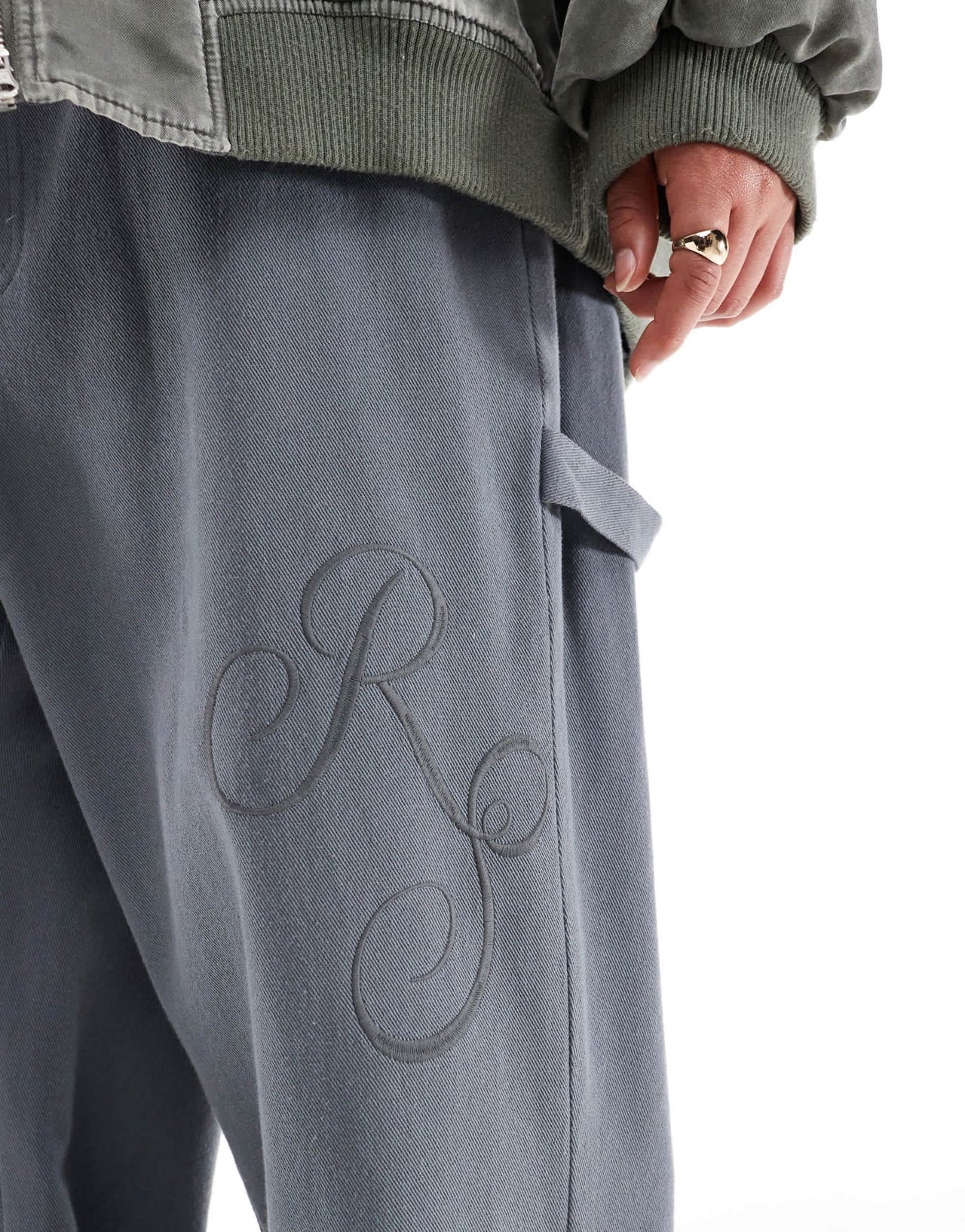 Renee Studio Plus exclusive high waisted logo embroidered wide leg trousers in grey - GREY - ASOS Sample Sale