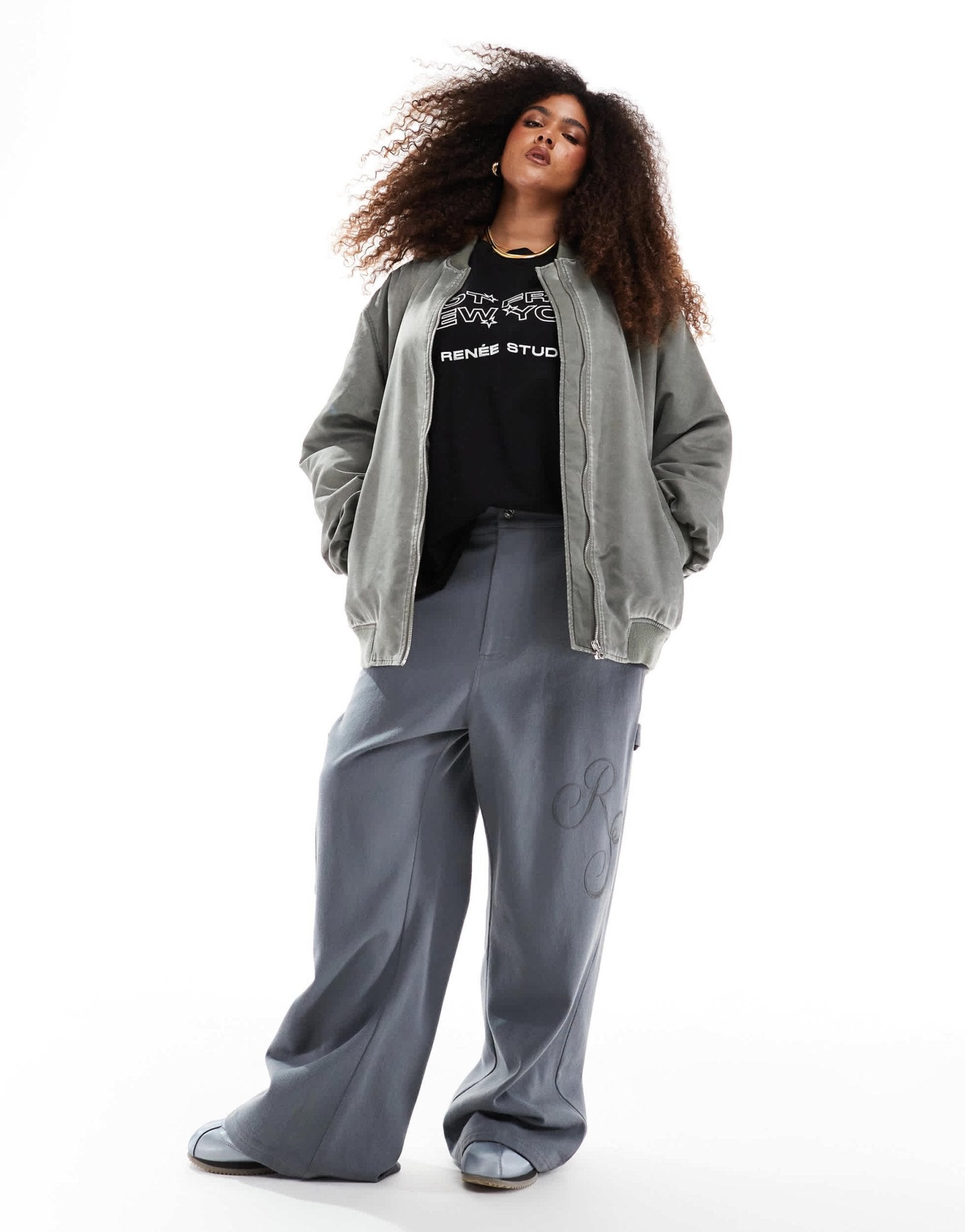 Renee Studio Plus exclusive high waisted logo embroidered wide leg trousers in grey - GREY - ASOS Sample Sale