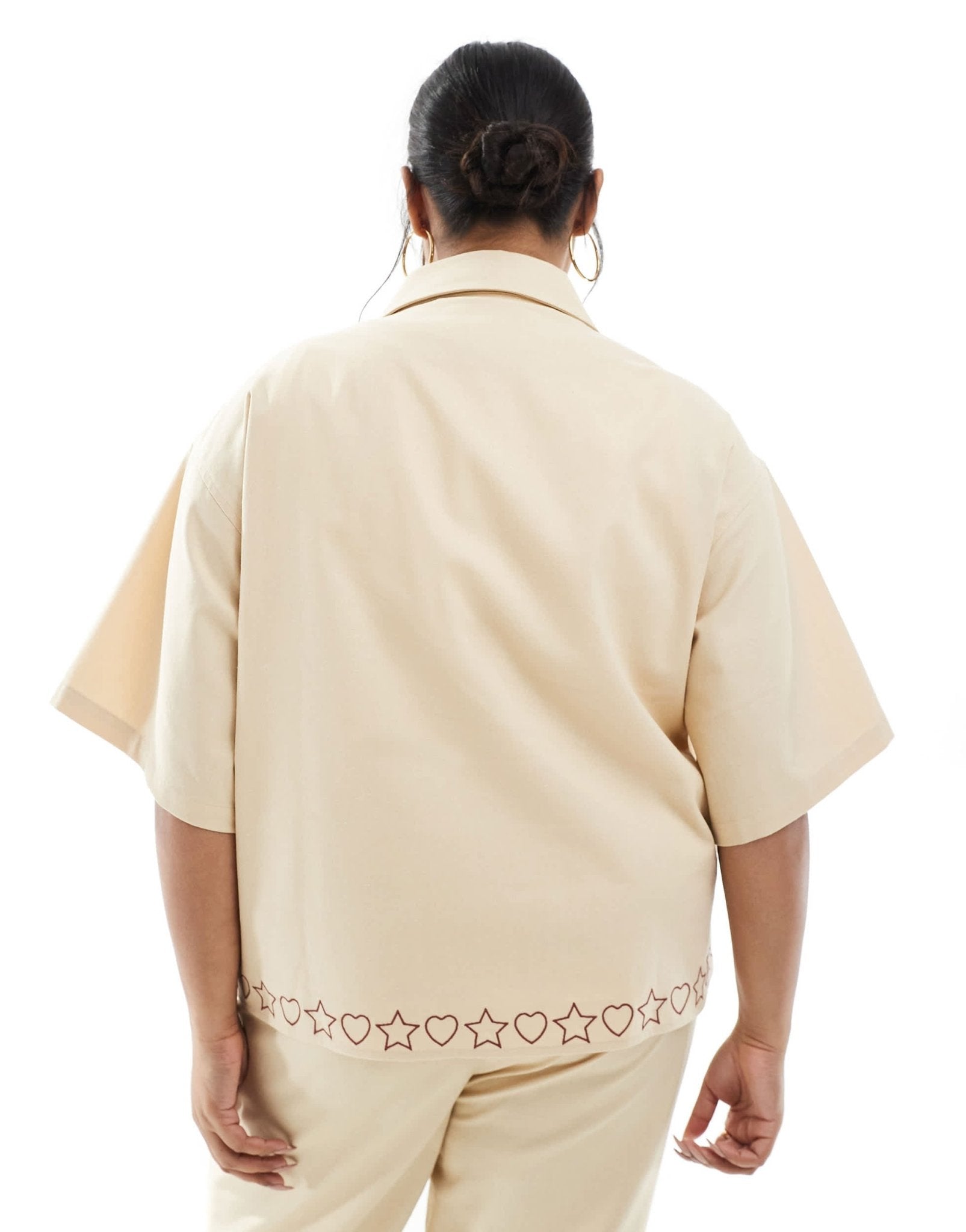 Renee Studio Plus exclusive linen blend button front embroidered detail shirt co - ord in beige - ASOS Sample Sale