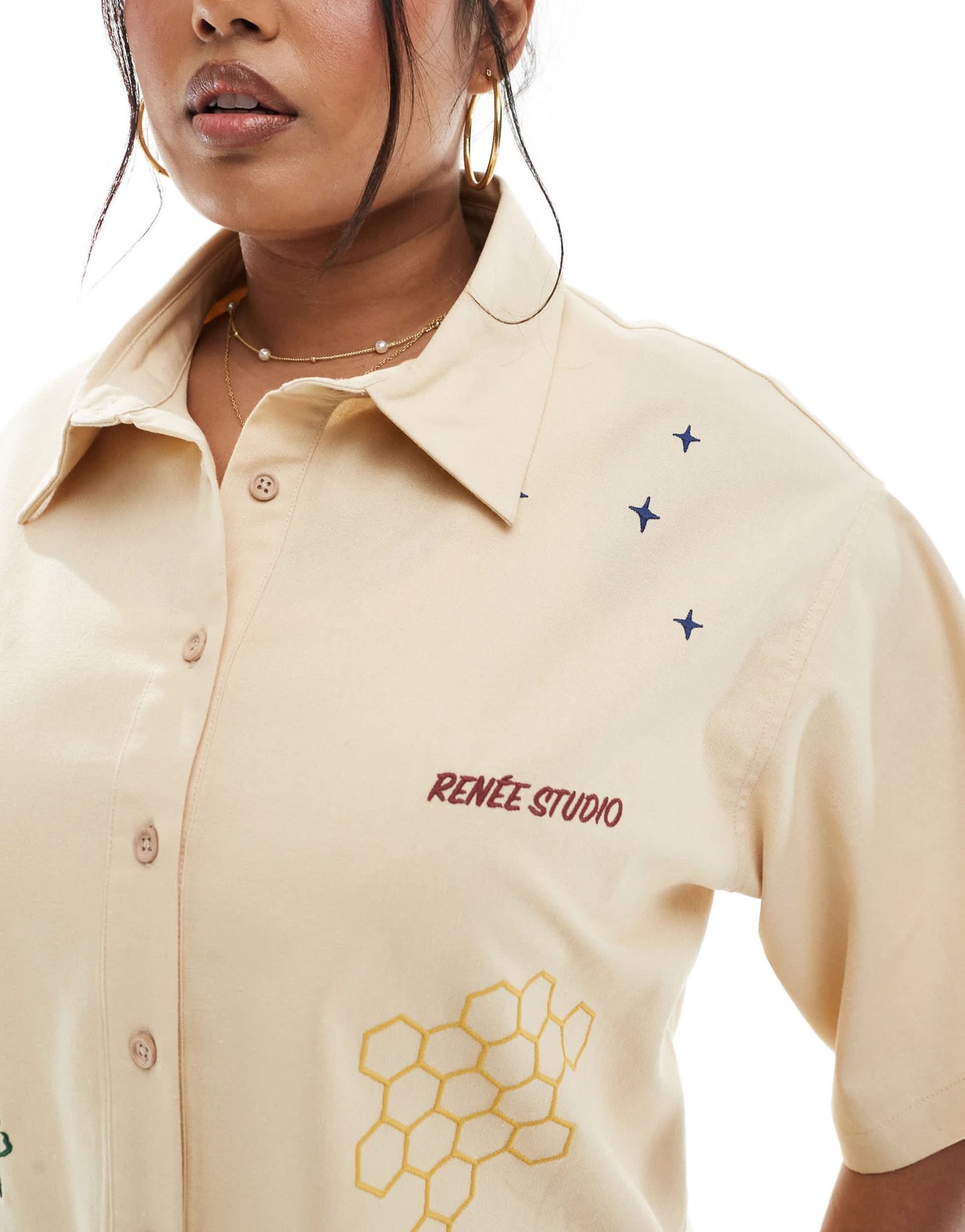 Renee Studio Plus exclusive linen blend button front embroidered detail shirt co - ord in beige - ASOS Sample Sale