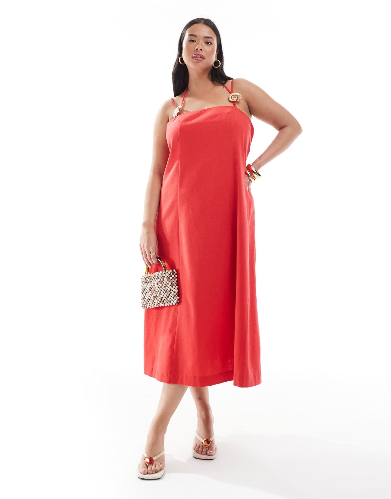 Renee Studio Plus exclusive linen look halterneck gold seashell hardware detail strappy midi dress in red - ASOS Sample Sale