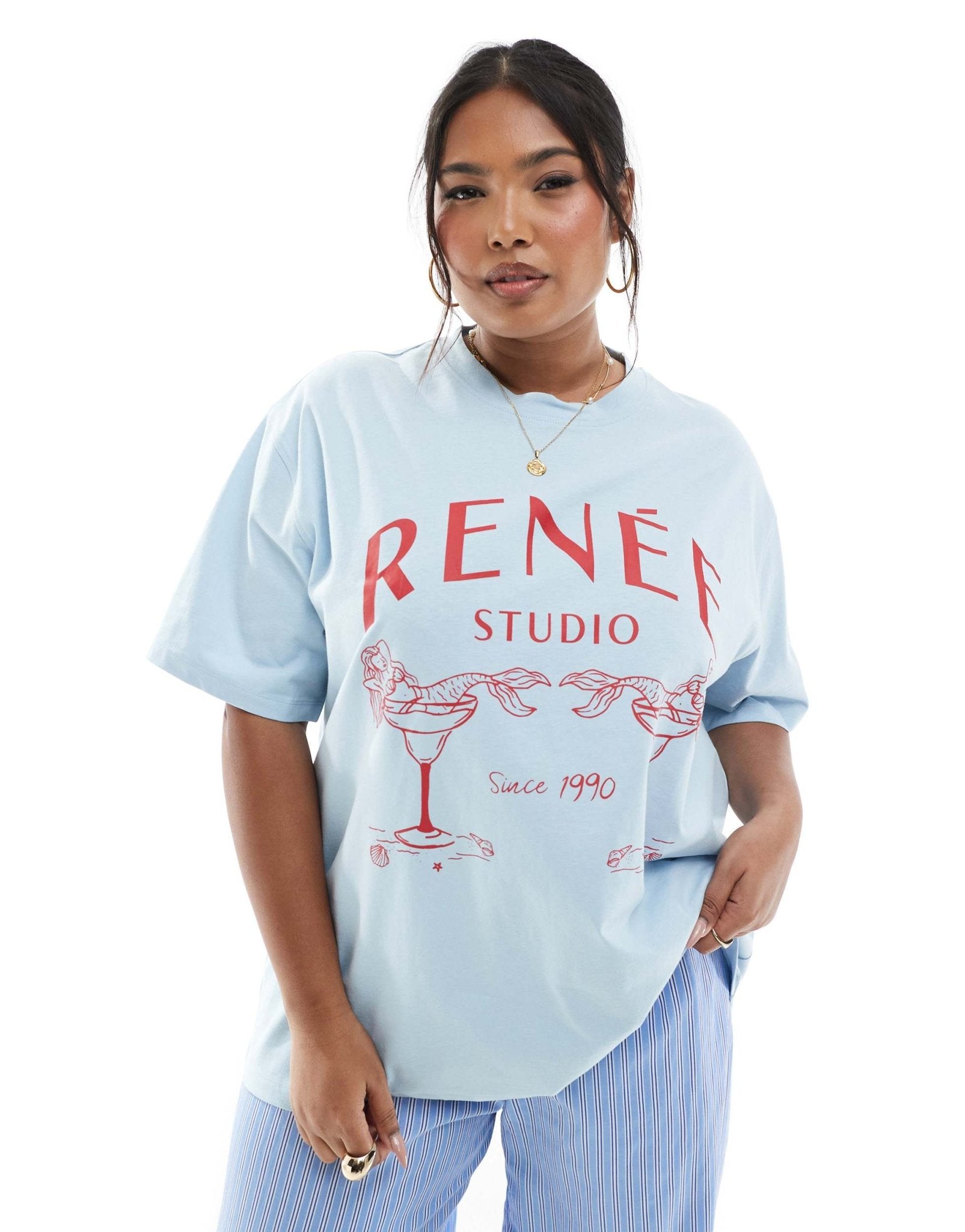 Renee Studio Plus exclusive mermaid martini graphic t-shirt in blue - ASOS Sample Sale