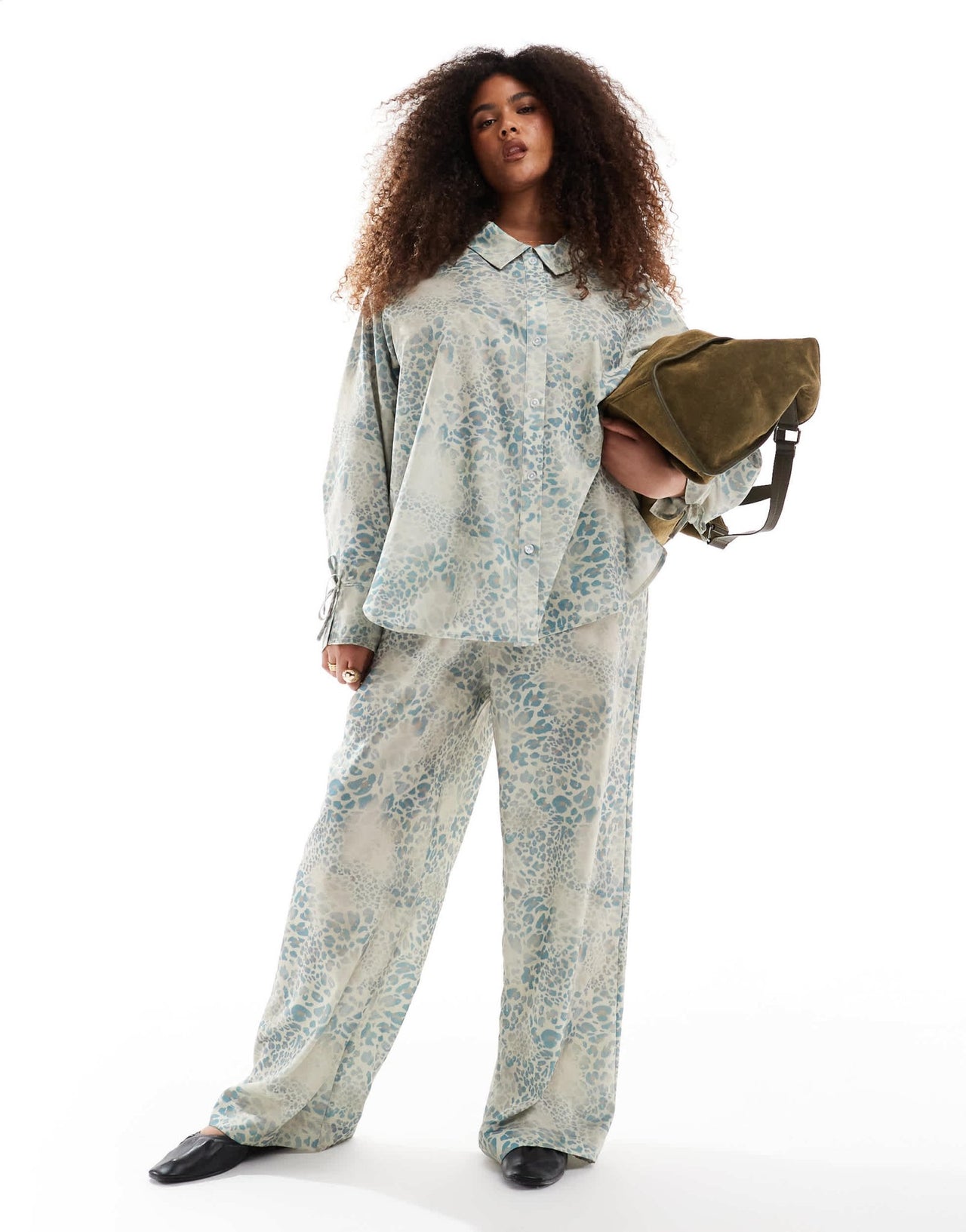 Renee Studio Plus exclusive oversized satin tie sleeve shirt co - ord in animal print - ASOS Sample Sale