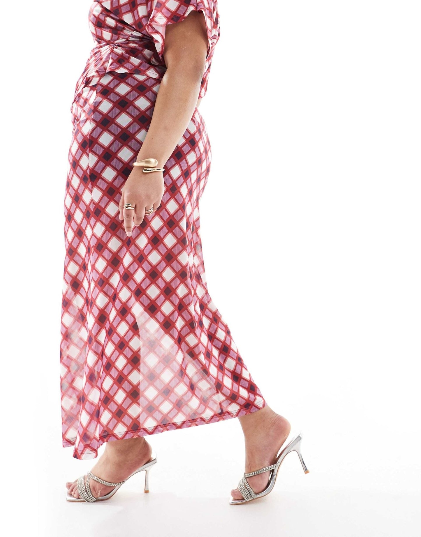 Renee Studio Plus exclusive ruched twist detail mesh maxi skirt co - ord in red multi check - ASOS Sample Sale
