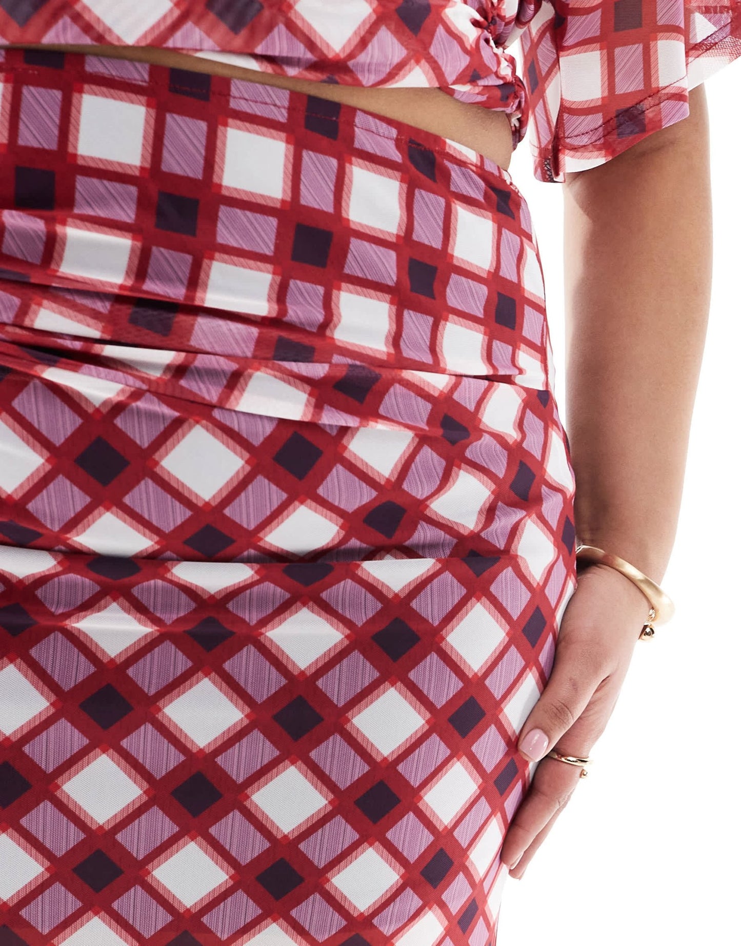 Renee Studio Plus exclusive ruched twist detail mesh maxi skirt co - ord in red multi check - ASOS Sample Sale