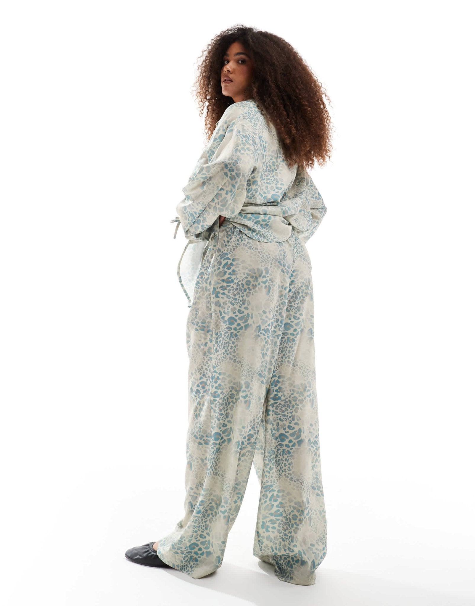 Renee Studio Plus exclusive satin drawstring waist wide leg trousers co - ord in animal print - ASOS Sample Sale