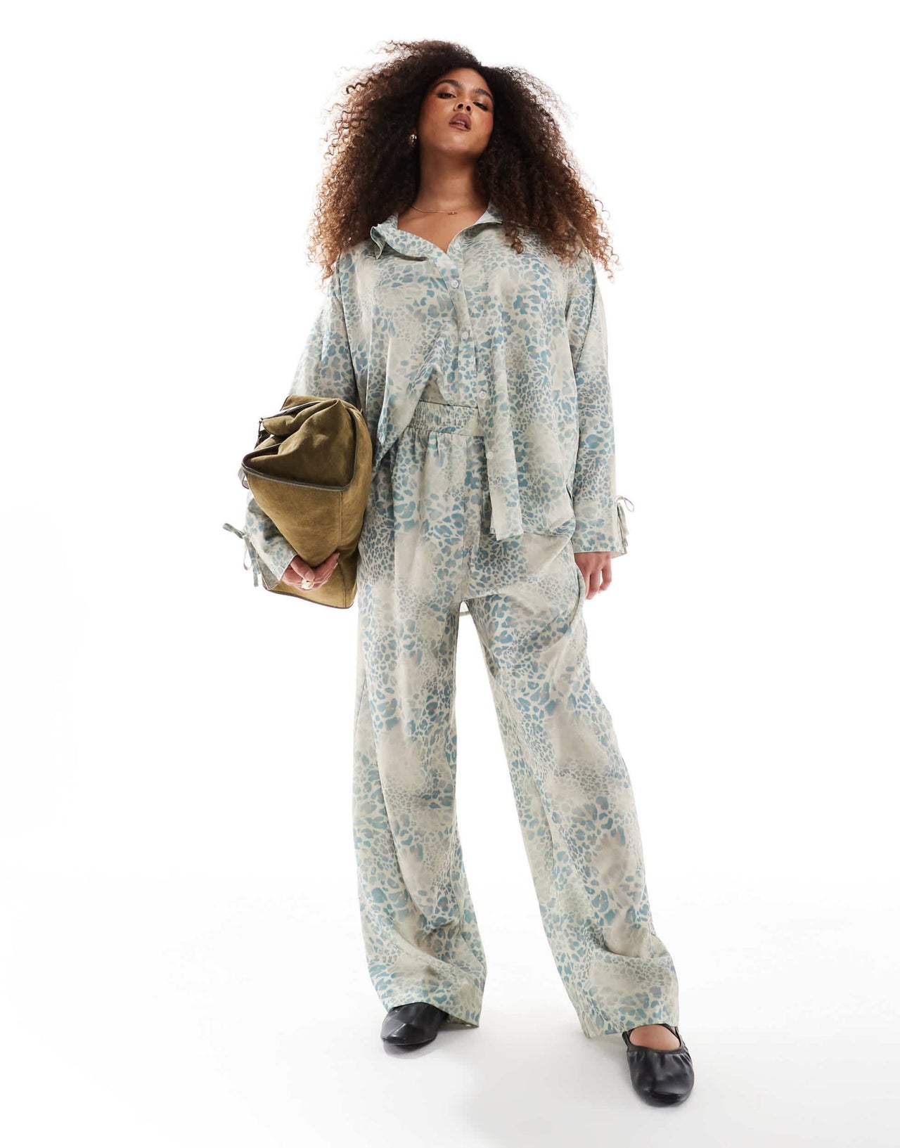 Renee Studio Plus exclusive satin drawstring waist wide leg trousers co - ord in animal print - ASOS Sample Sale