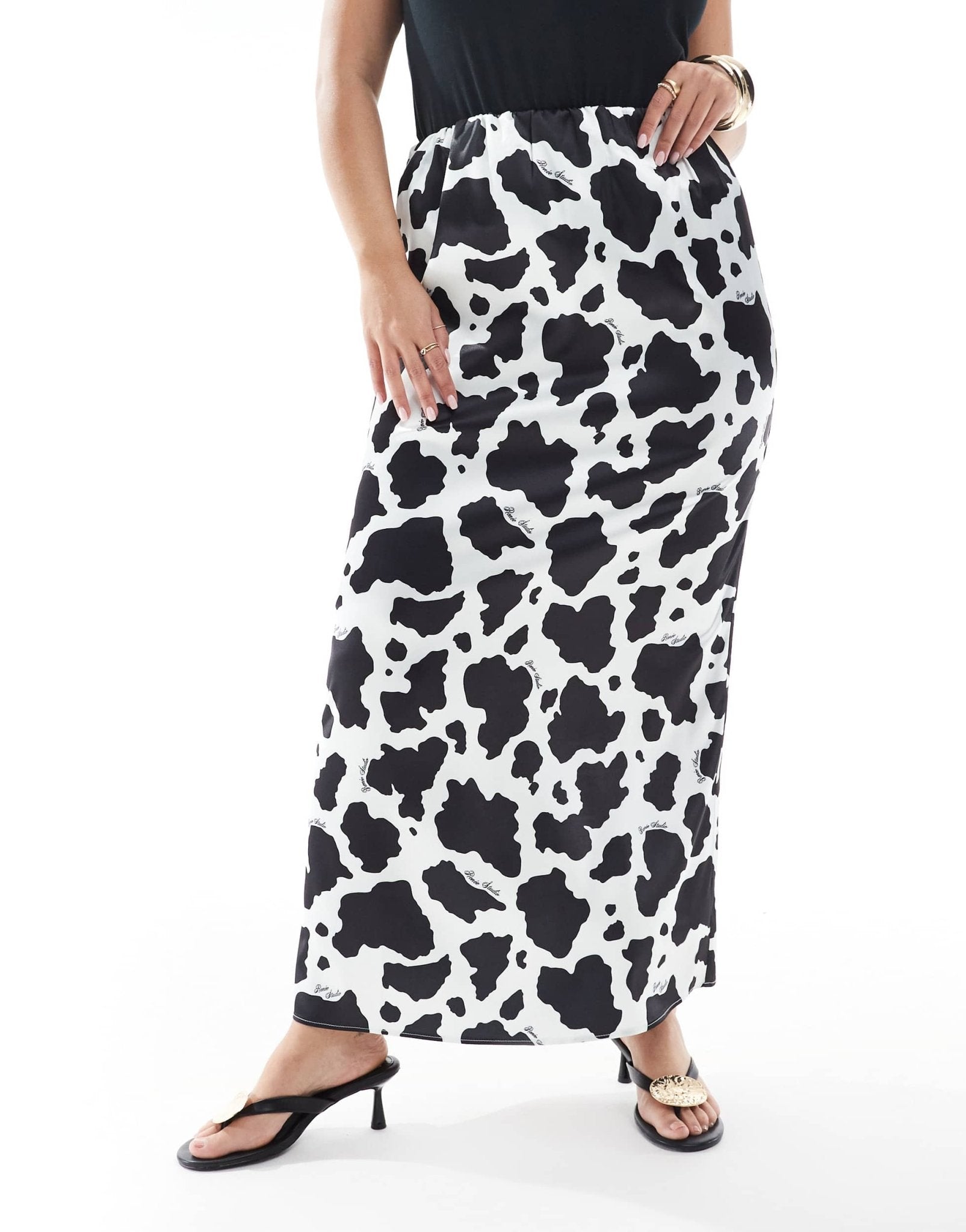 Renee Studio Plus exclusive satin maxi skirt in black & white cow print - ASOS Sample Sale