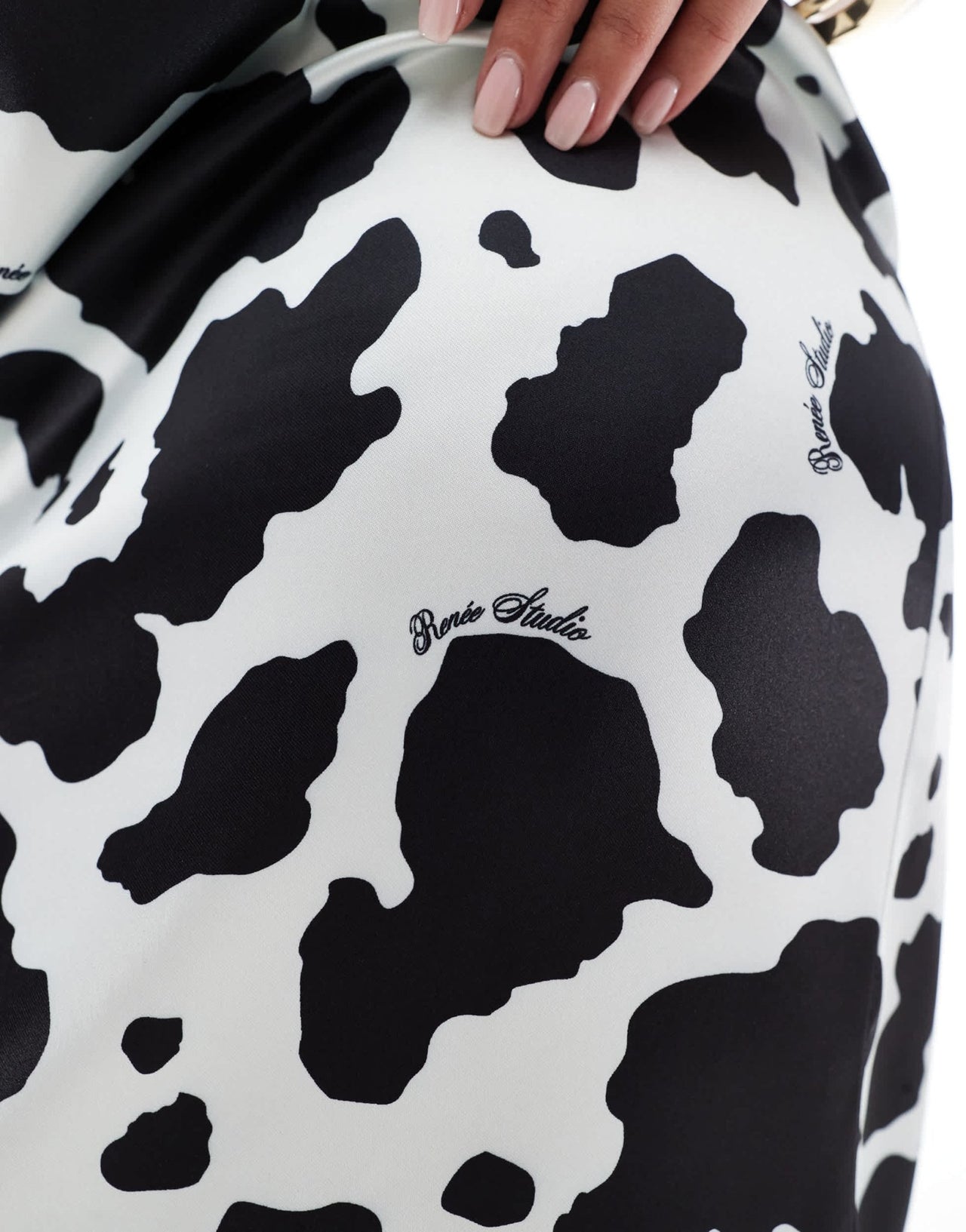 Renee Studio Plus exclusive satin maxi skirt in black & white cow print - ASOS Sample Sale