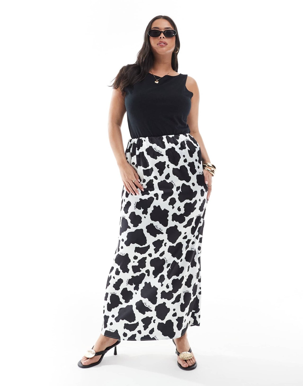 Renee Studio Plus exclusive satin maxi skirt in black & white cow print - ASOS Sample Sale