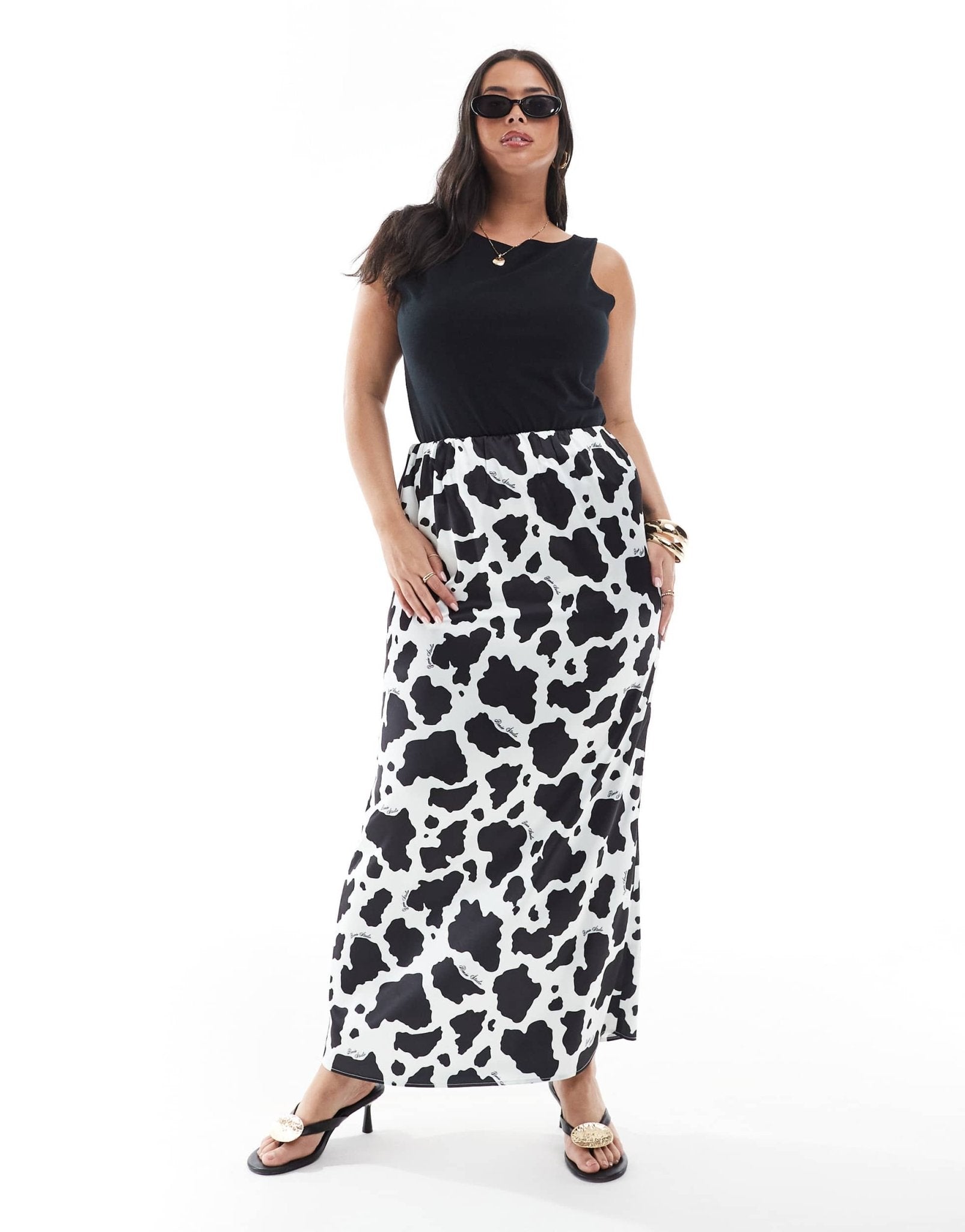 Renee Studio Plus exclusive satin maxi skirt in black & white cow print - ASOS Sample Sale