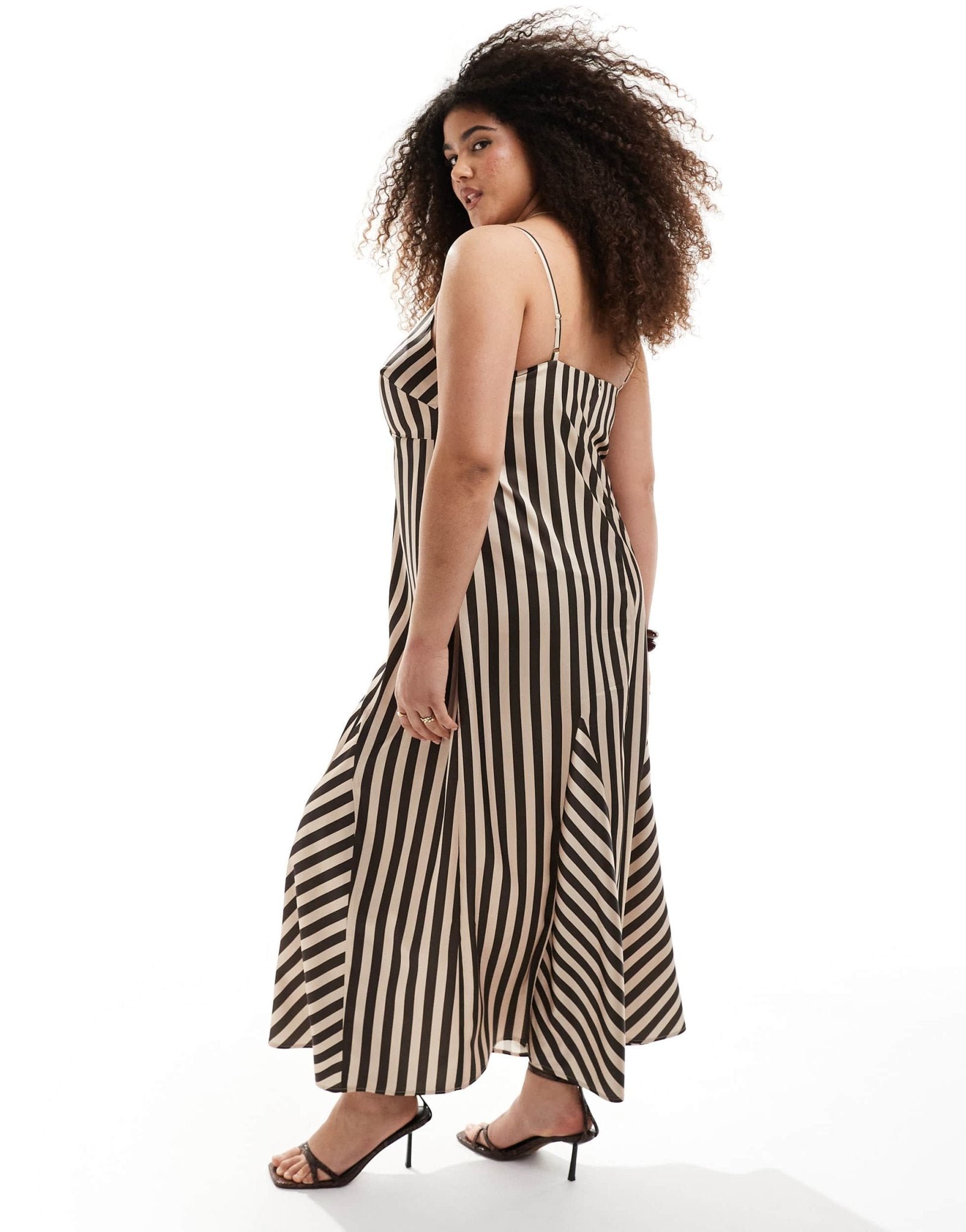 Renee Studio Plus exclusive satin strappy v neck godet maxi dress in brown stripe - ASOS Sample Sale