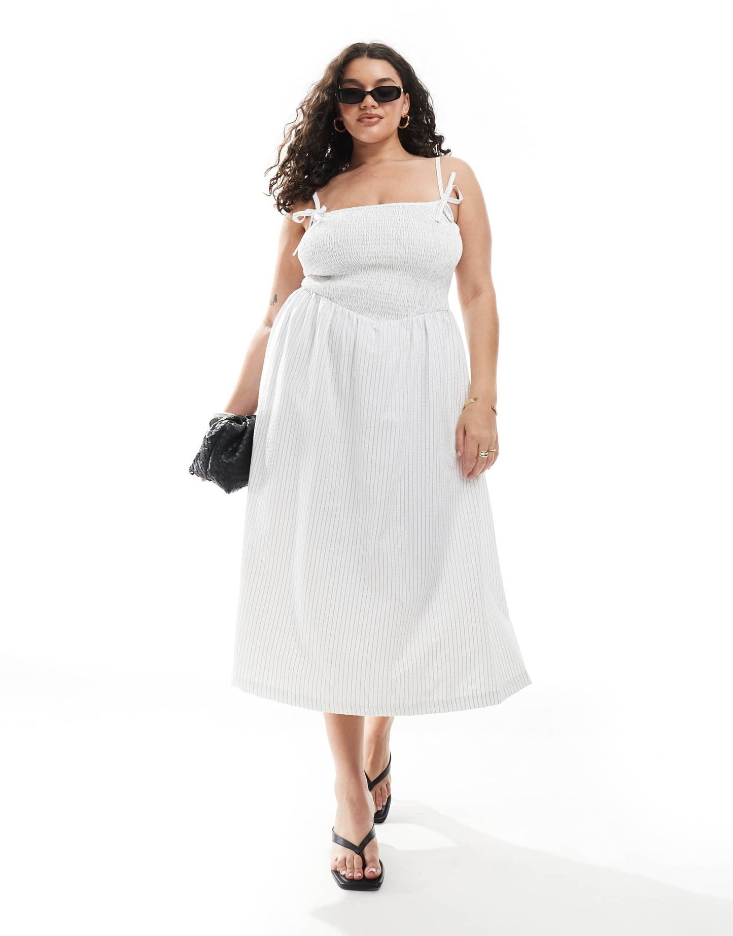 Renee Studio Plus exclusive shirred midi dress in black and white stripe - ASOS Sample Sale