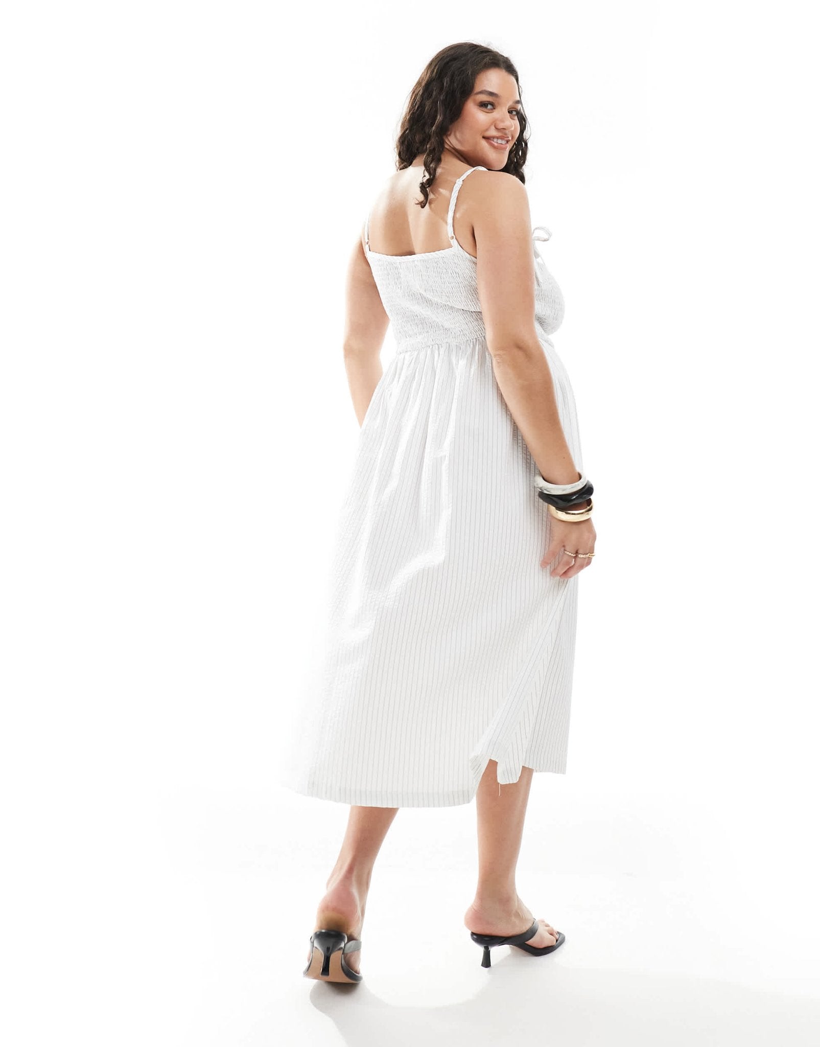 Renee Studio Plus exclusive shirred midi dress in black and white stripe - ASOS Sample Sale