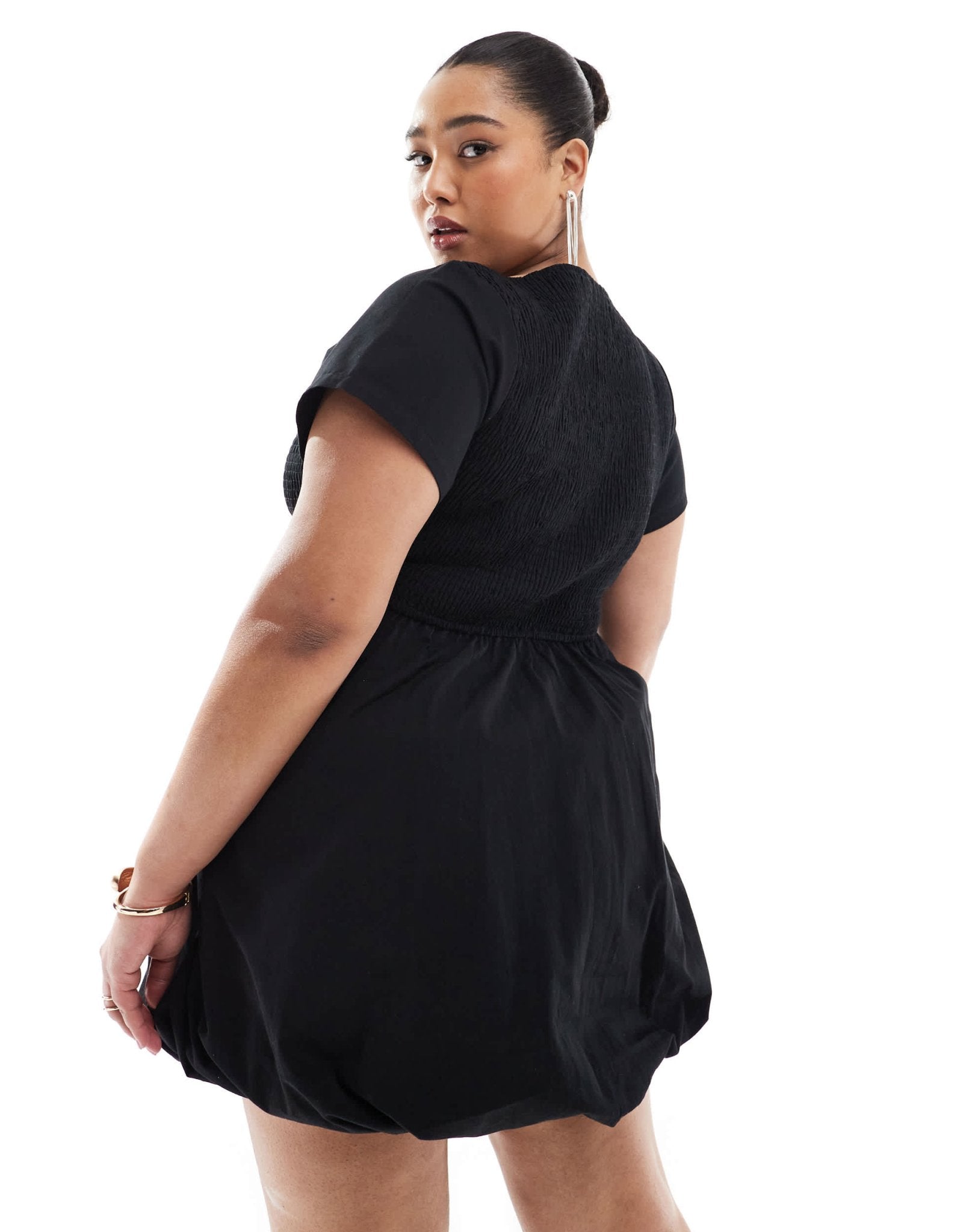 Renee Studio Plus exclusive short sleeve shirred poplin bubble hem mini dress in black - ASOS Sample Sale