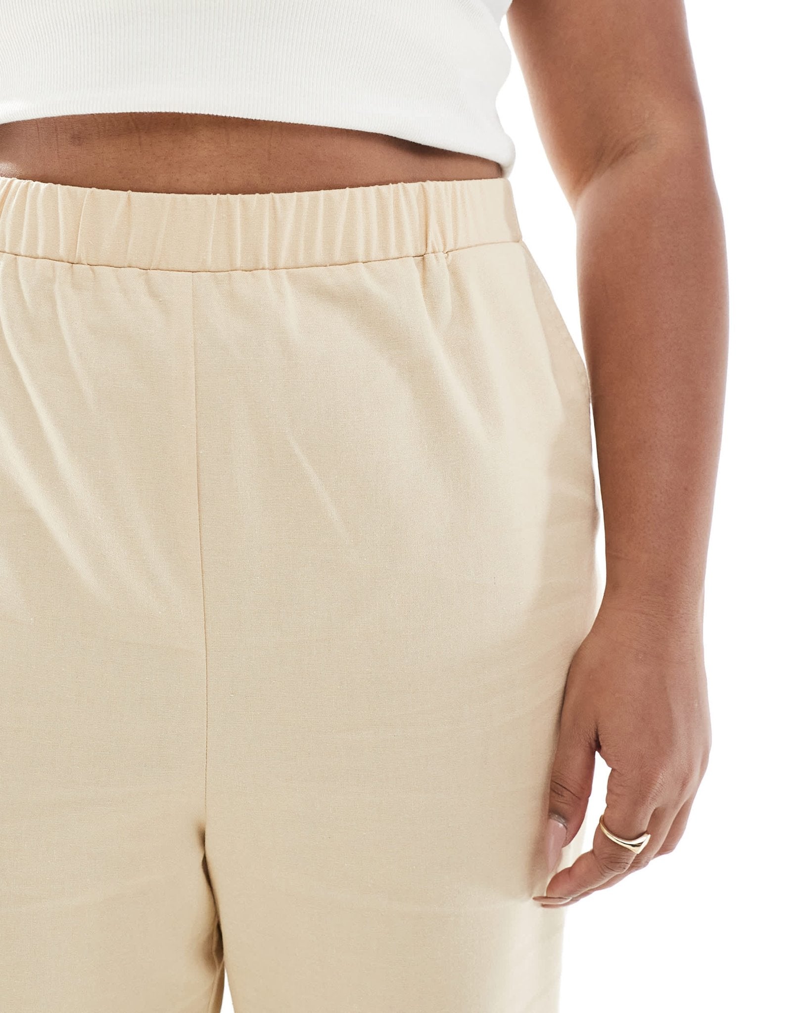 Renee Studio Plus exclusive wide leg linen blend trouser with embroidered trim detail co-ord in beige - ASOS Sample Sale