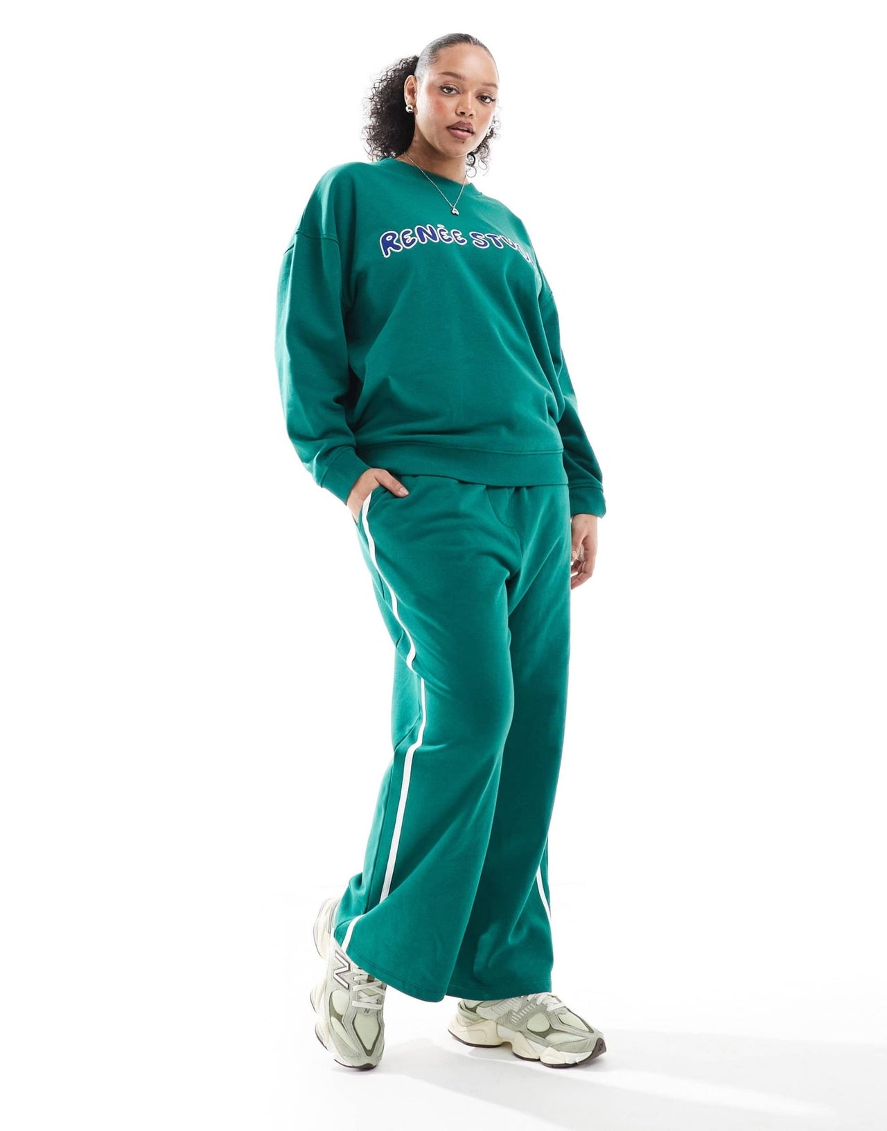 Renee Studio Plus exclusive wide leg side stripe contrast tie waist joggers co - ord in green - ASOS Sample Sale