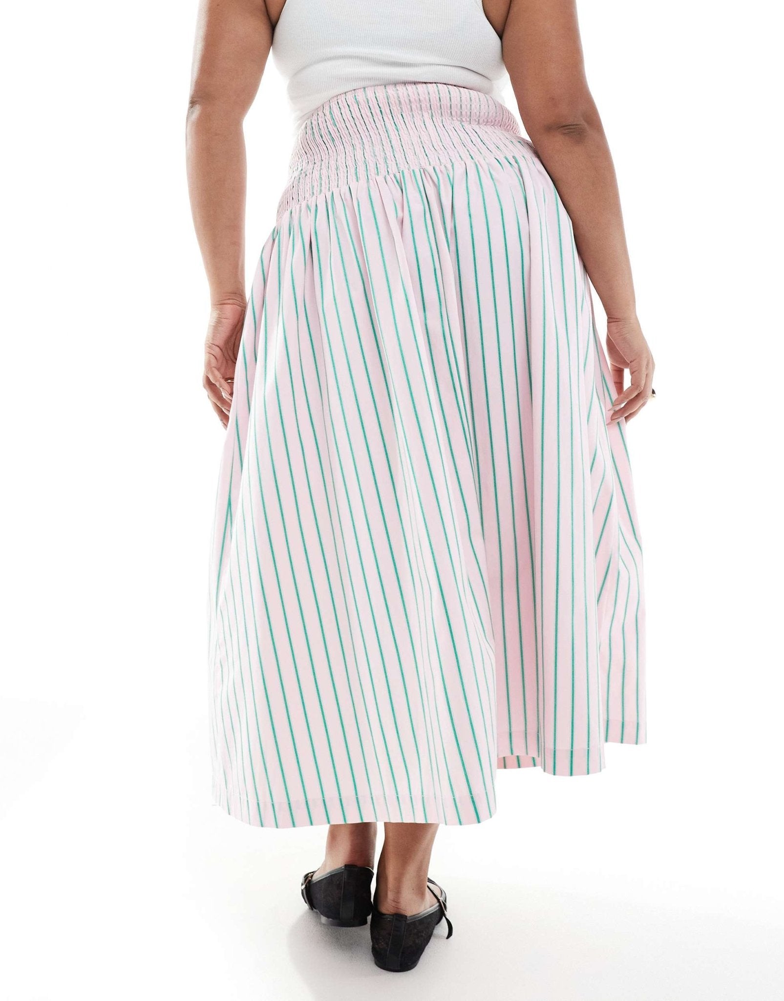 Renee Studio Plus exclusive wide waistband midi skirt co - ord in pink and green stripe - ASOS Sample Sale