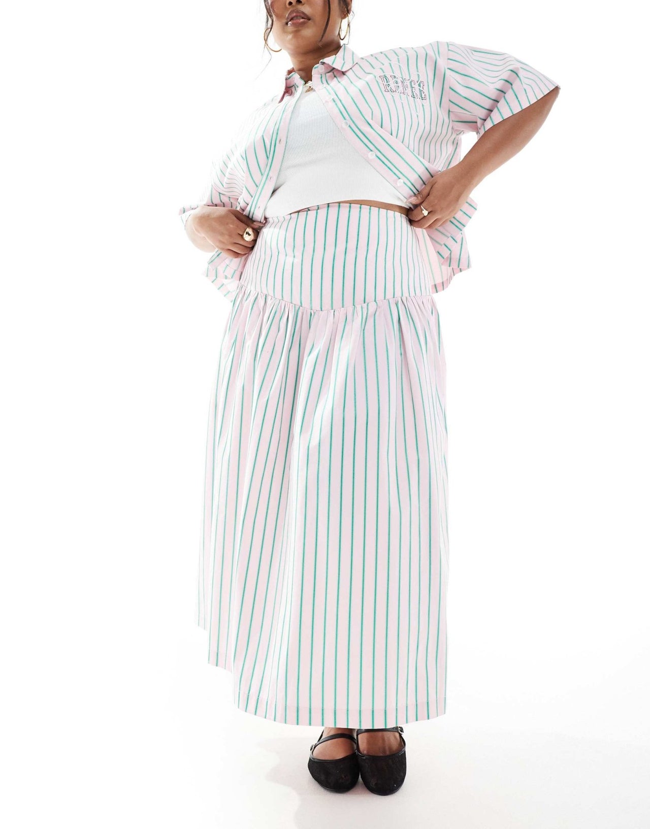 Renee Studio Plus exclusive wide waistband midi skirt co - ord in pink and green stripe - ASOS Sample Sale