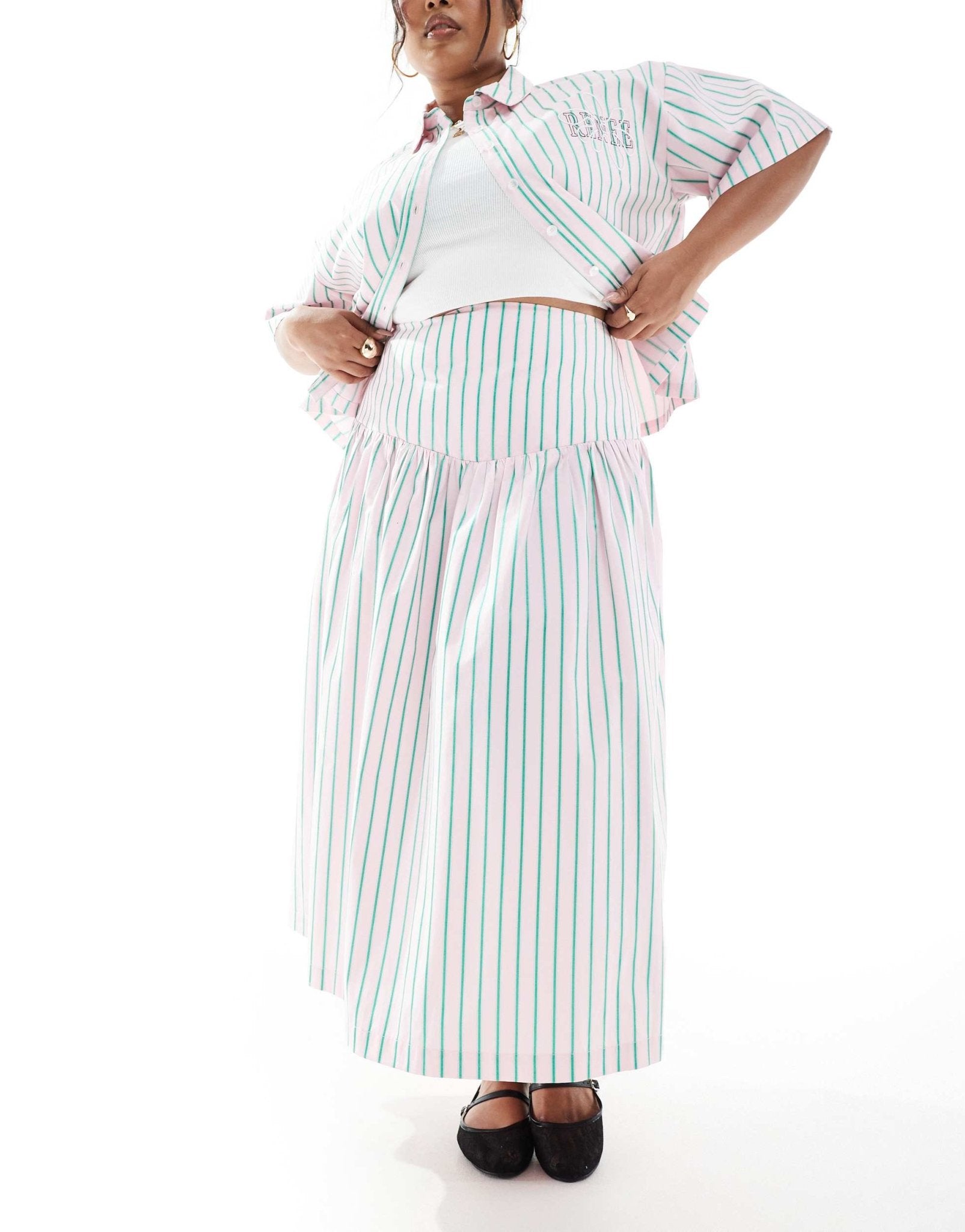 Renee Studio Plus exclusive wide waistband midi skirt co - ord in pink and green stripe - ASOS Sample Sale