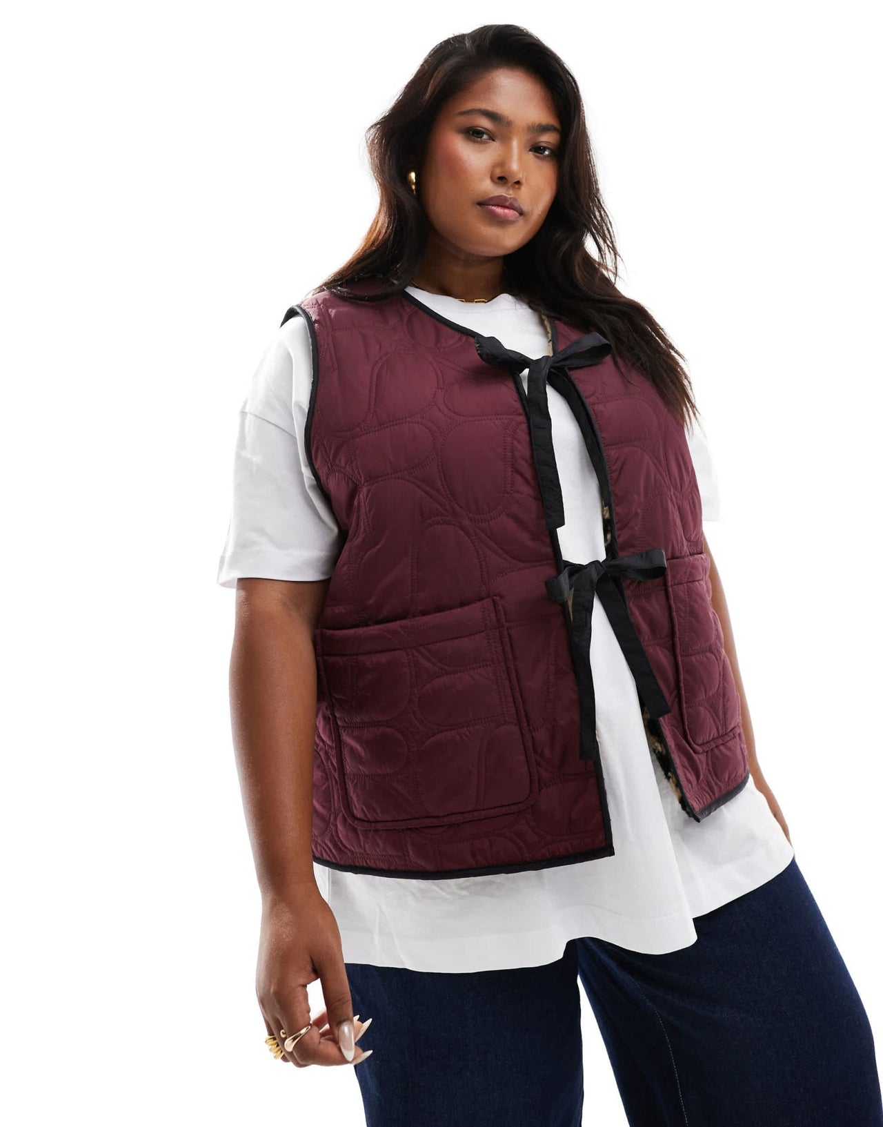 Renee Studio Plus x Holly Wynne exclusive collar detail tie front reversible padded gilet in leopard - ASOS Sample Sale
