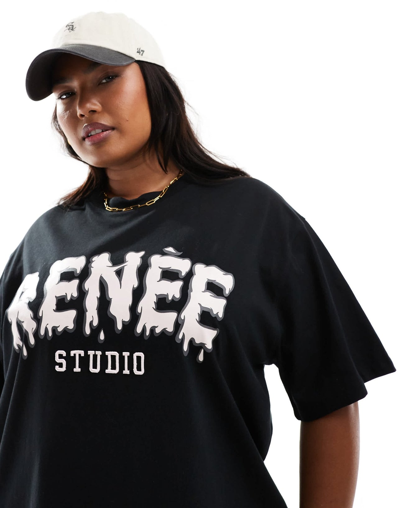 Renee Studio Plus x Holly Wynne exclusive embroidered bubble logo oversized t-shirt in black - ASOS Sample Sale