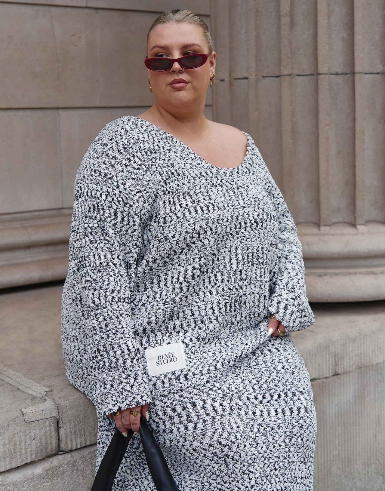 Renee Studio Plus x Holly Wynne exclusive longline asymmetric neckline knitted jumper co - ord in grey marl - ASOS Sample Sale