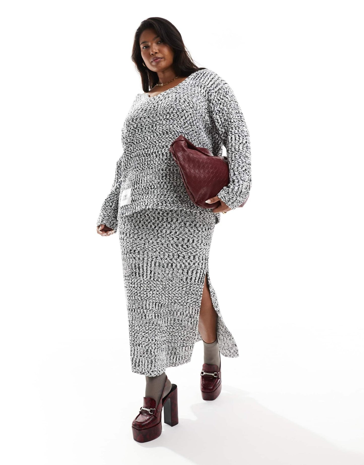 Renee Studio Plus x Holly Wynne exclusive longline asymmetric neckline knitted jumper co - ord in grey marl - ASOS Sample Sale