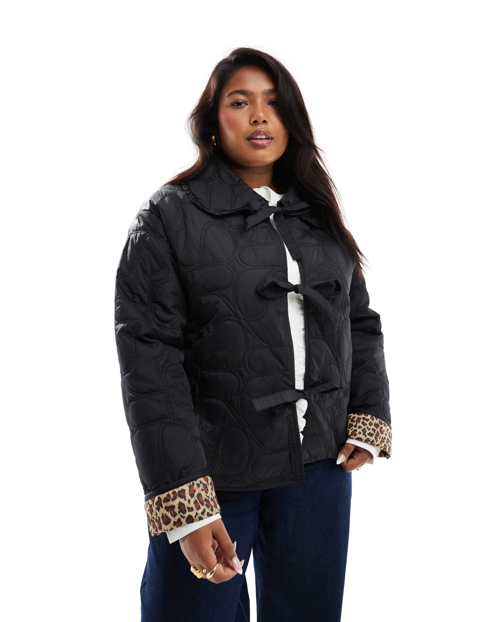 Renee Studio Plus x Holly Wynne exclusive quilted frill collar tie front padded jacket in black with leopard print lining - ASOS Sample Sale