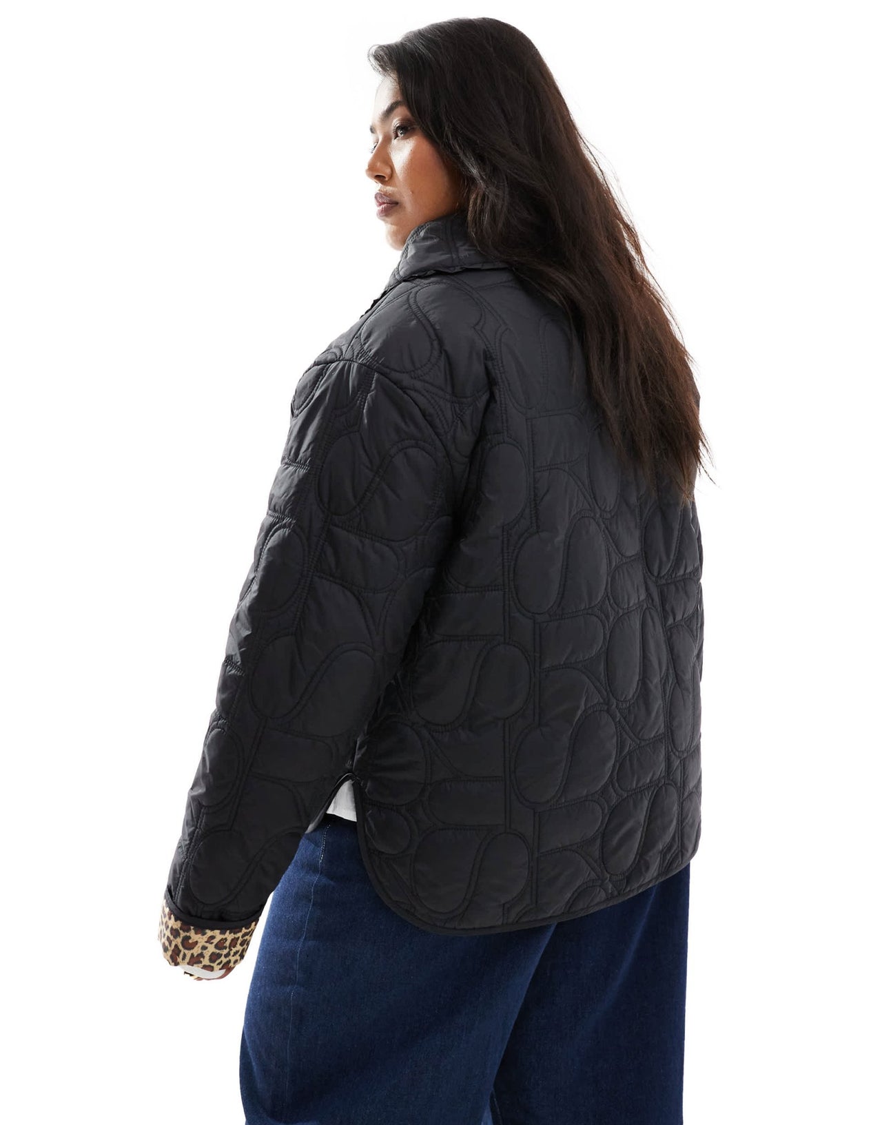 Renee Studio Plus x Holly Wynne exclusive quilted frill collar tie front padded jacket in black with leopard print lining - ASOS Sample Sale