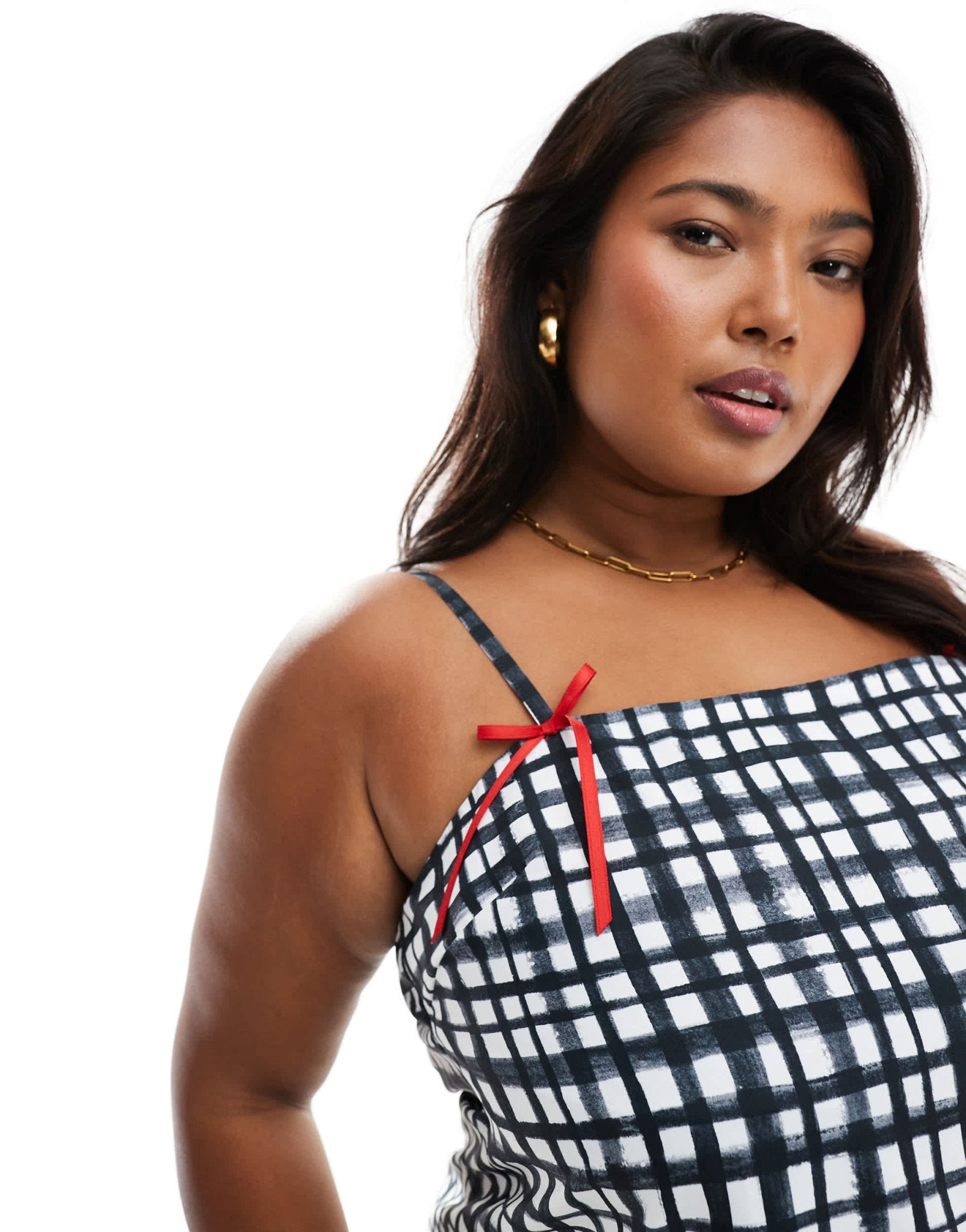 Renee Studio Plus x Holly Wynne exclusive ribbon bow cami sleeve peplum hem mini dress in grey check - ASOS Sample Sale