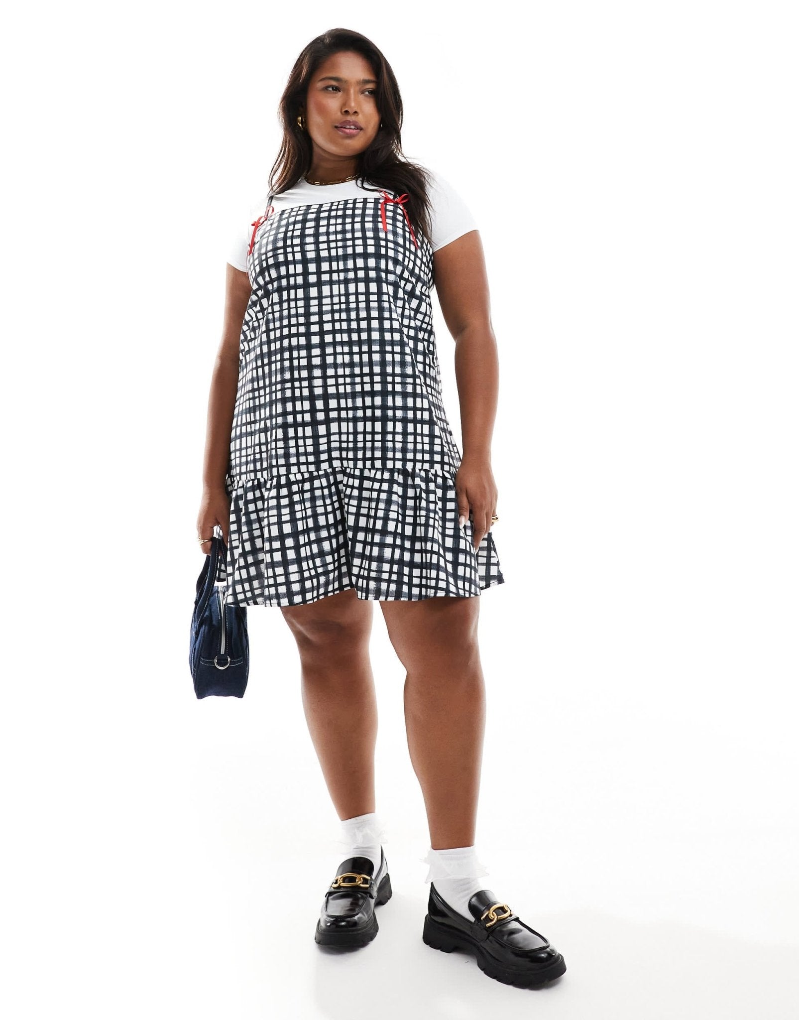 Renee Studio Plus x Holly Wynne exclusive ribbon bow cami sleeve peplum hem mini dress in grey check - ASOS Sample Sale