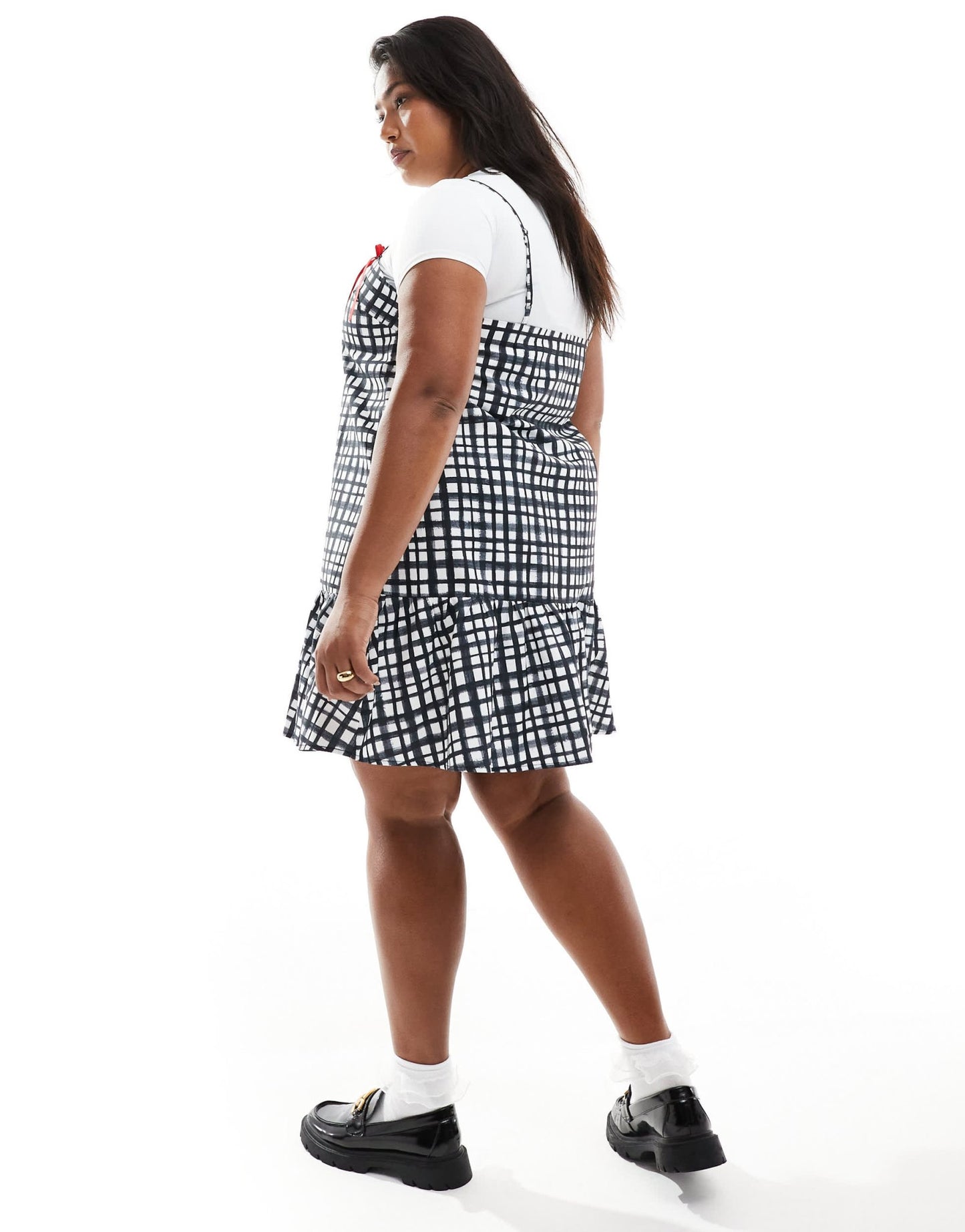 Renee Studio Plus x Holly Wynne exclusive ribbon bow cami sleeve peplum hem mini dress in grey check - ASOS Sample Sale