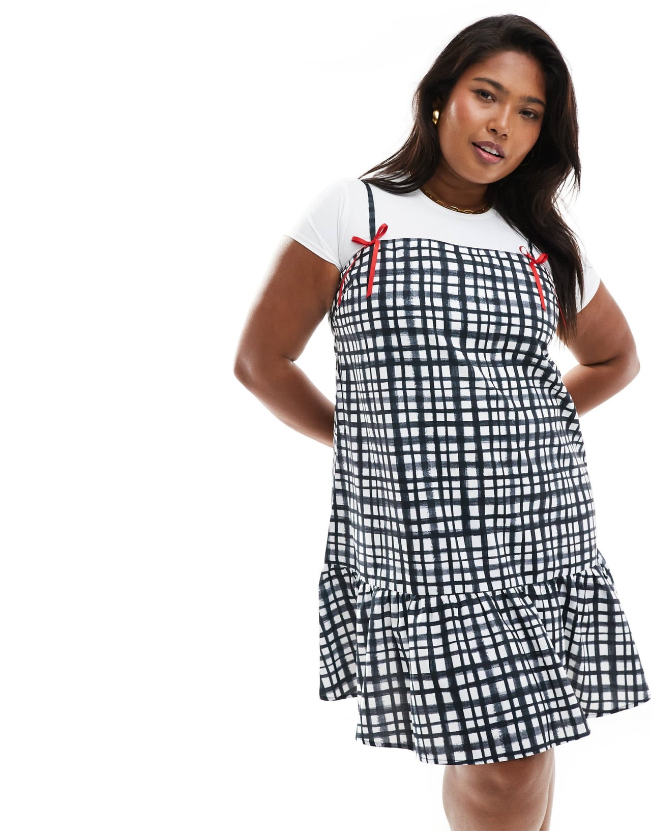 Renee Studio Plus x Holly Wynne exclusive ribbon bow cami sleeve peplum hem mini dress in grey check - ASOS Sample Sale