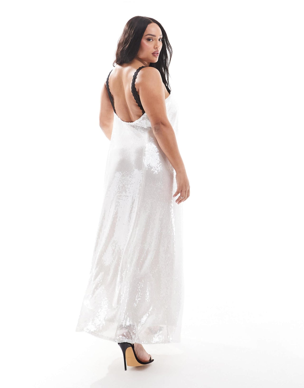 Renee Studio Plus x Michelle Nayla exclusive contrast lace insert thigh split sequin maxi dress in white - ASOS Sample Sale