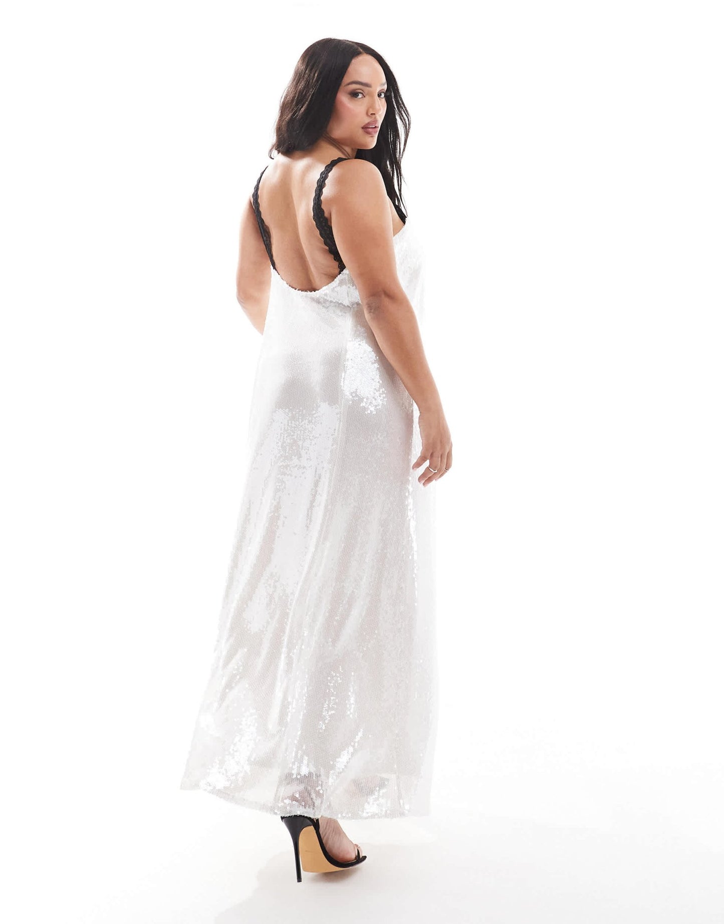 Renee Studio Plus x Michelle Nayla exclusive contrast lace insert thigh split sequin maxi dress in white - ASOS Sample Sale