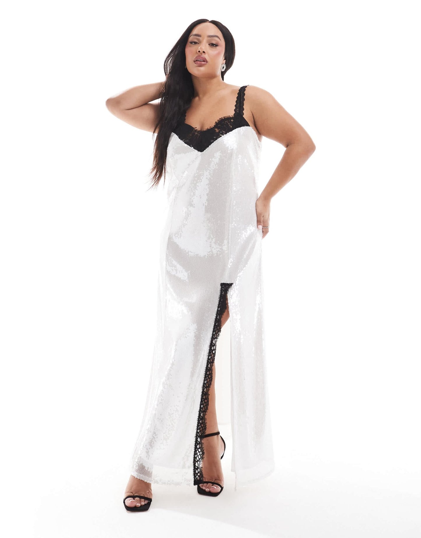 Renee Studio Plus x Michelle Nayla exclusive contrast lace insert thigh split sequin maxi dress in white - ASOS Sample Sale