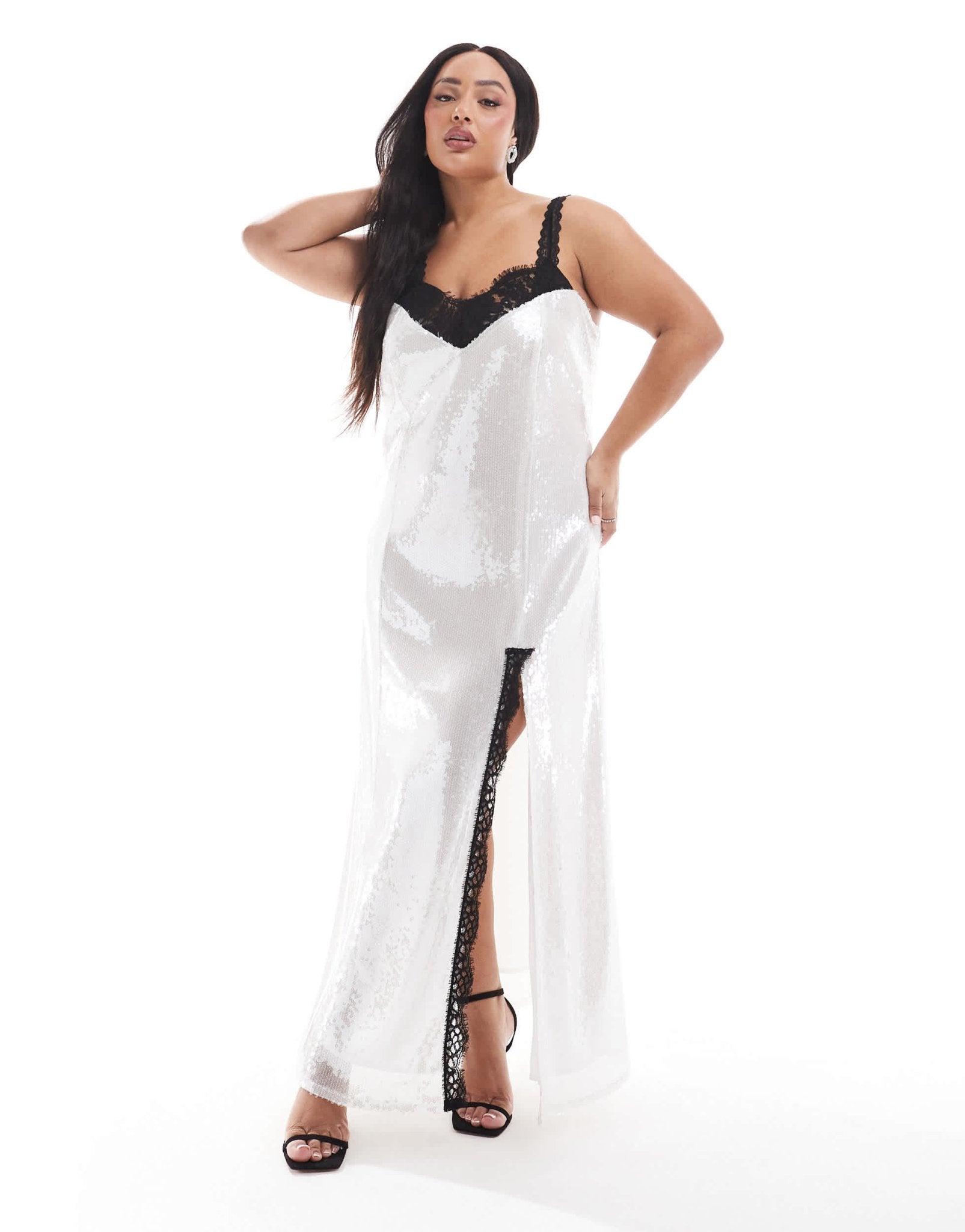 Renee Studio Plus x Michelle Nayla exclusive contrast lace insert thigh split sequin maxi dress in white - ASOS Sample Sale