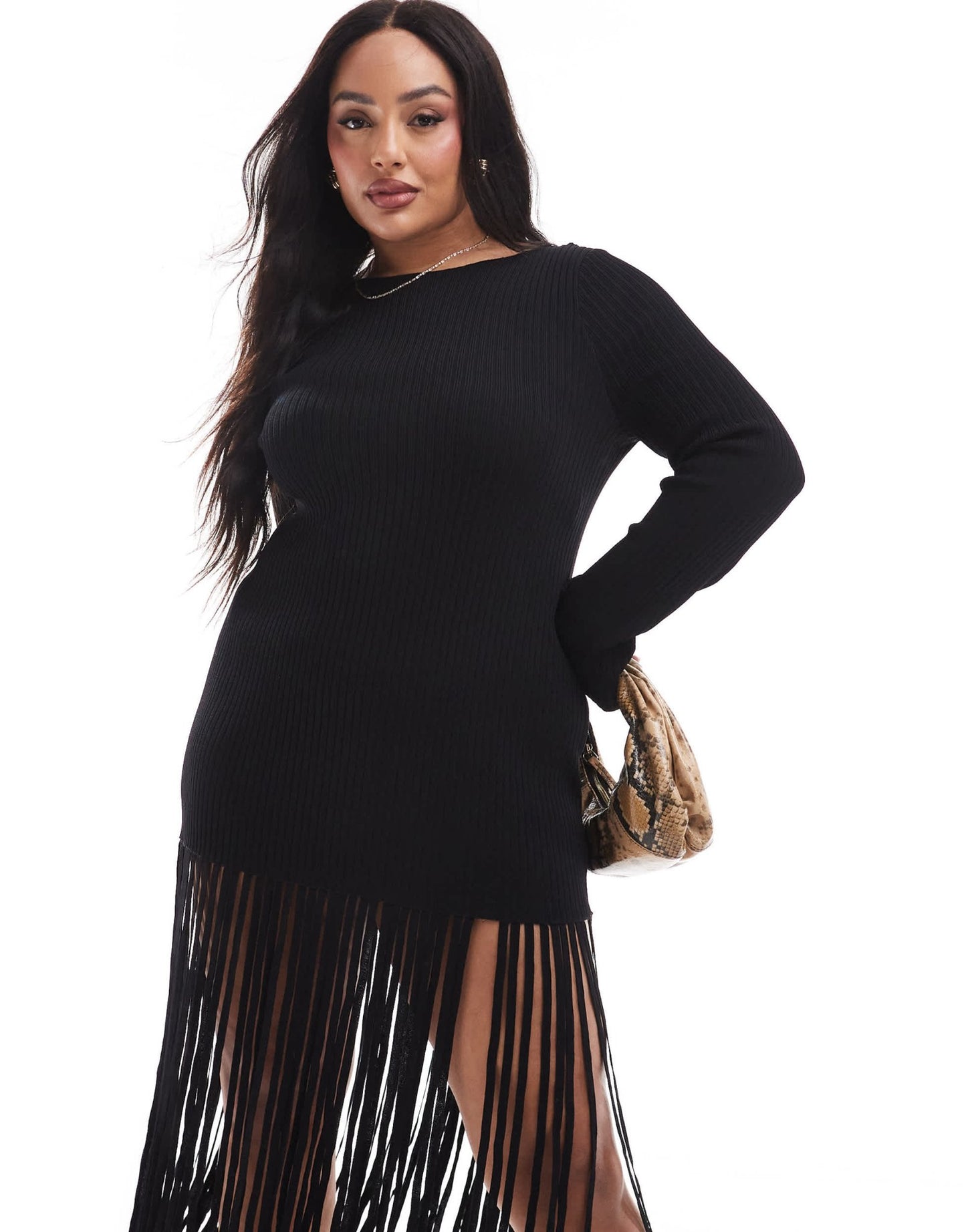 Renee Studio Plus x Michelle Nayla exclusive ribbed fringe tassel hem knitted mini dress in black - ASOS Sample Sale