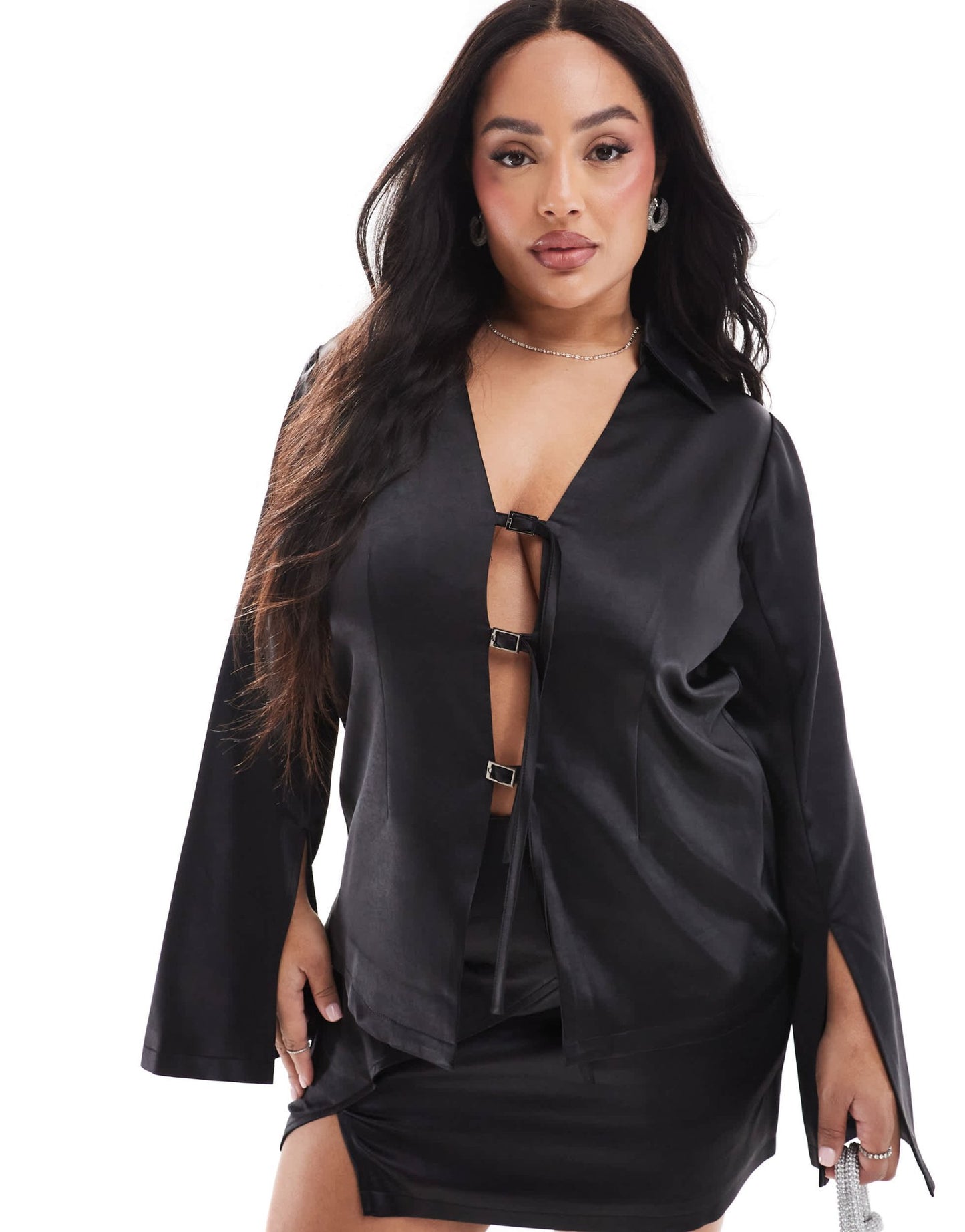 Renee Studio Plus x Michelle Nayla exclusive satin buckle front detail wide cut sleeve shirt co - ord in black - ASOS Sample Sale