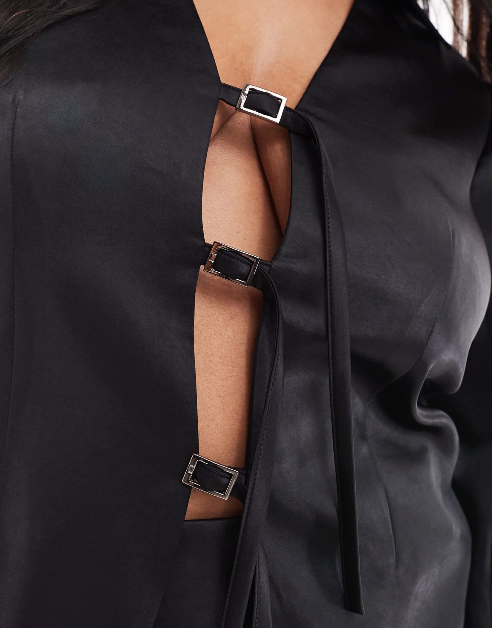 Renee Studio Plus x Michelle Nayla exclusive satin buckle front detail wide cut sleeve shirt co - ord in black - ASOS Sample Sale