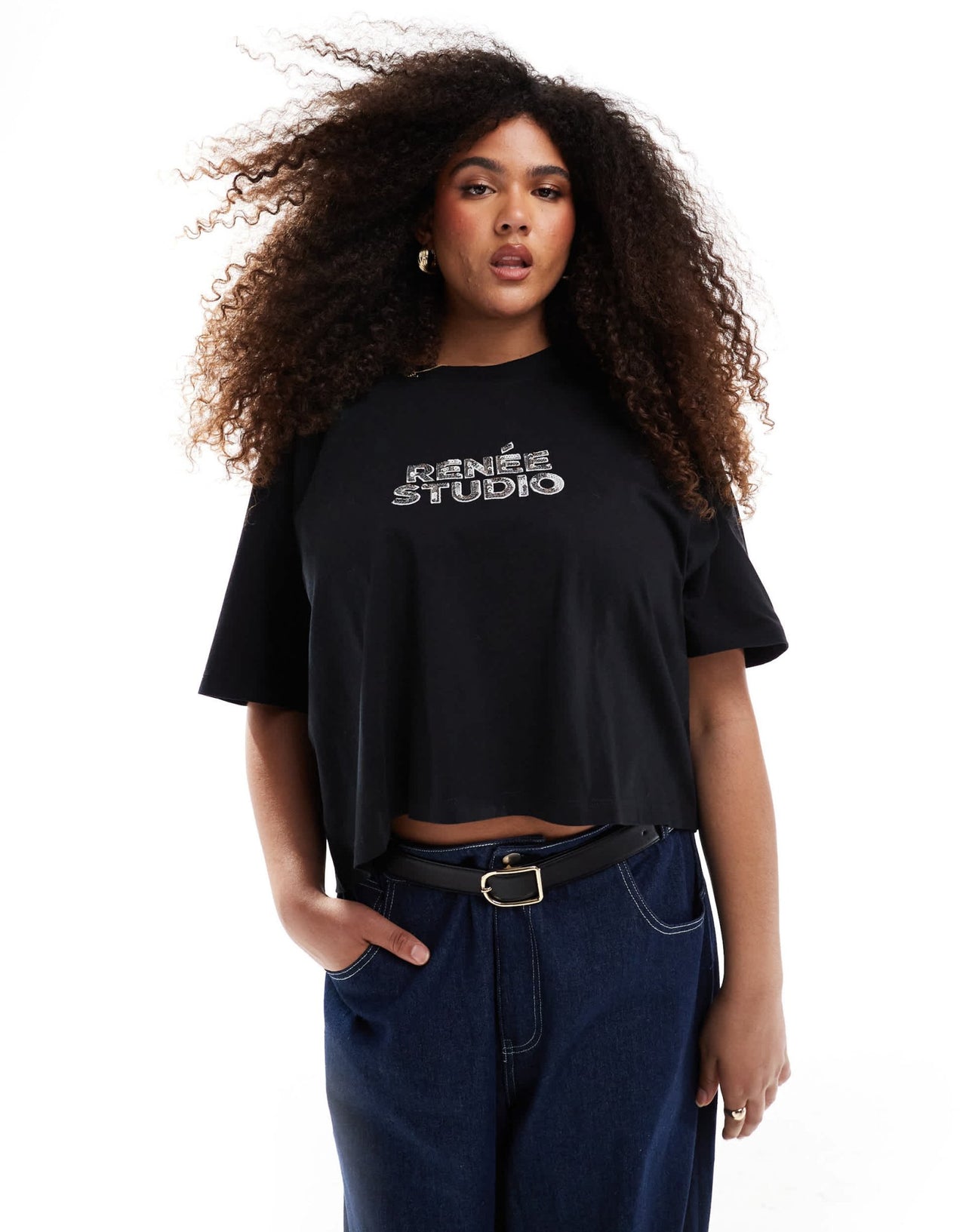 Renee Studio Plus x Michelle Nayla exclusive sequin logo oversized t-shirt in black - ASOS Sample Sale