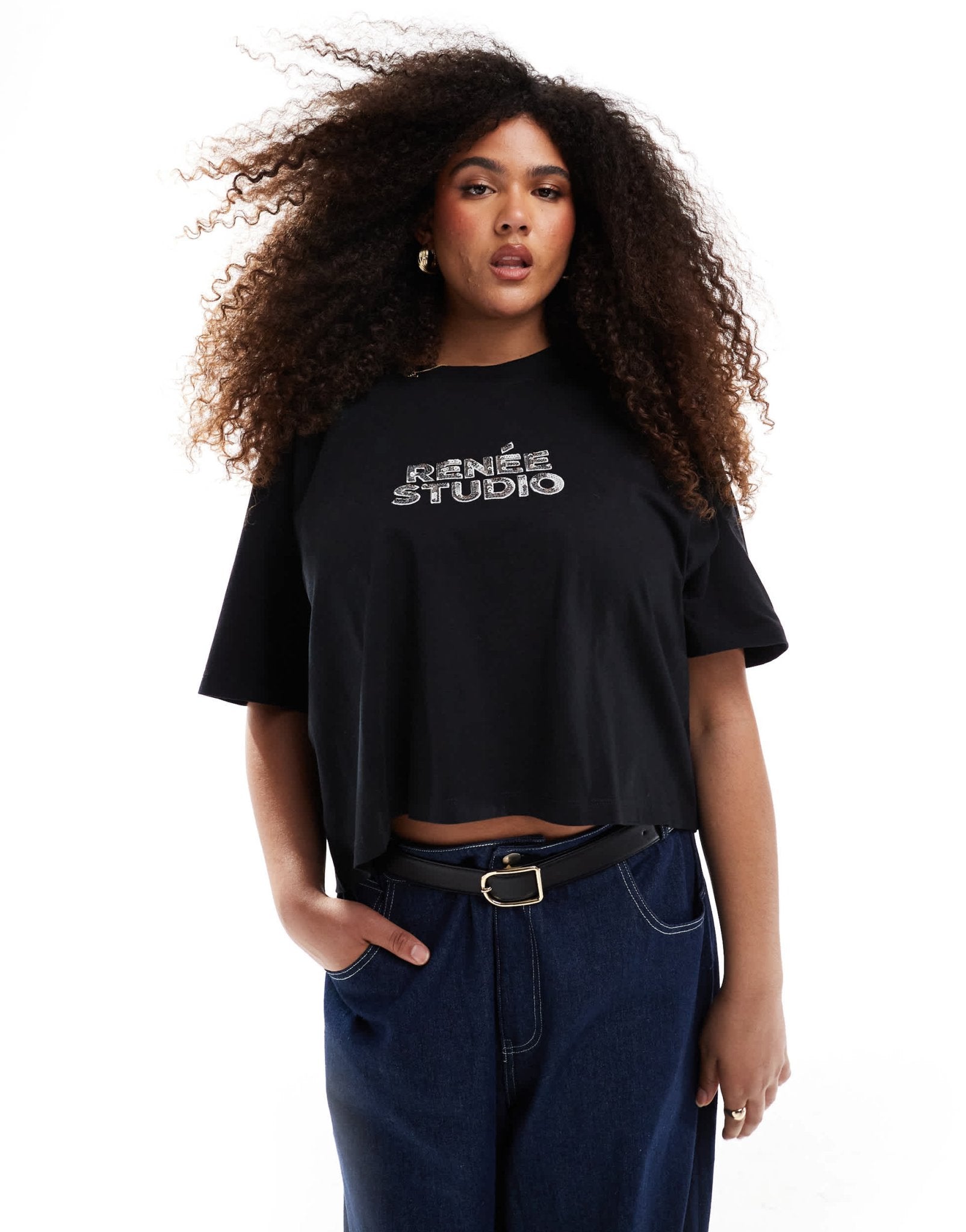 Renee Studio Plus x Michelle Nayla exclusive sequin logo oversized t-shirt in black - ASOS Sample Sale