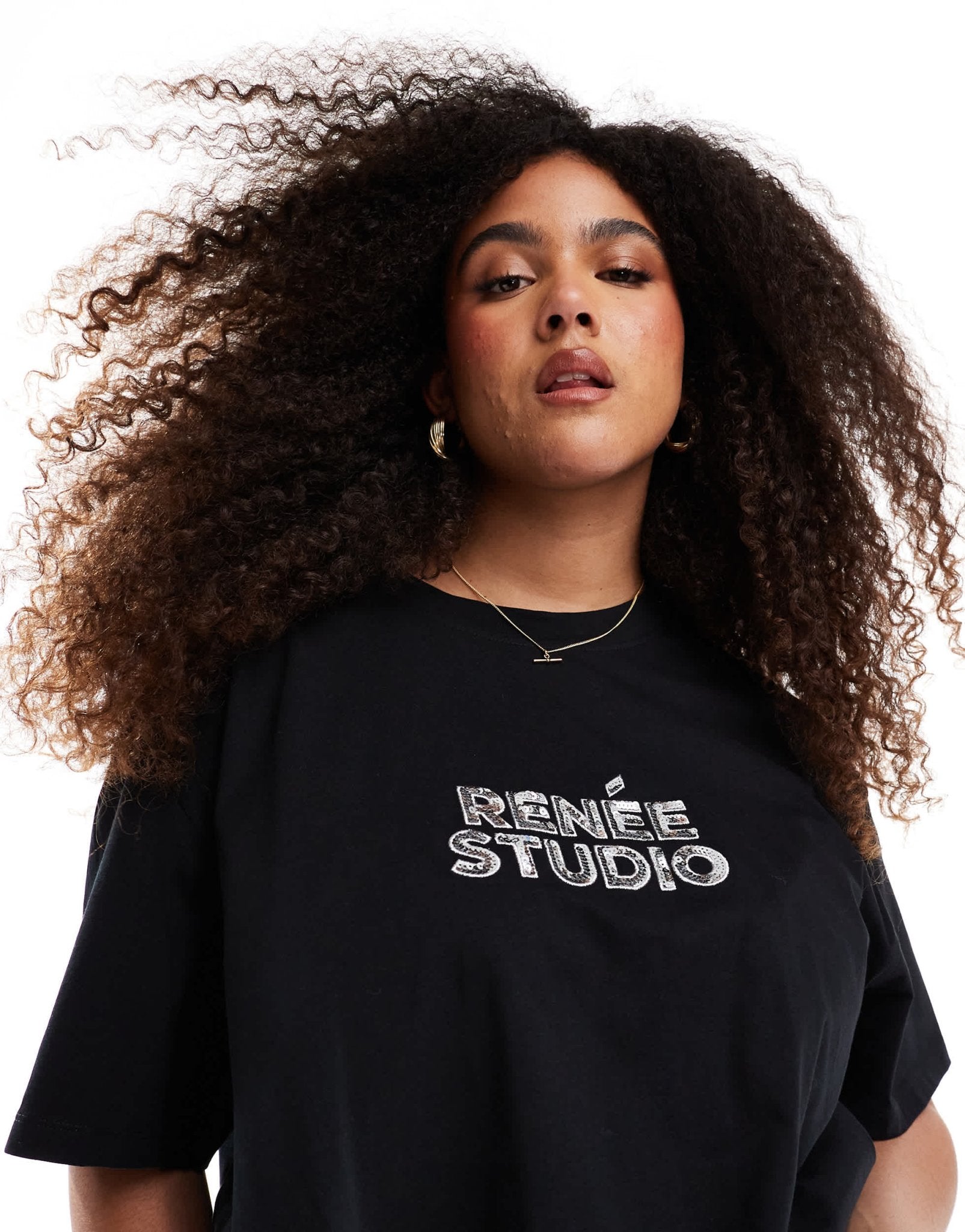 Renee Studio Plus x Michelle Nayla exclusive sequin logo oversized t-shirt in black - ASOS Sample Sale
