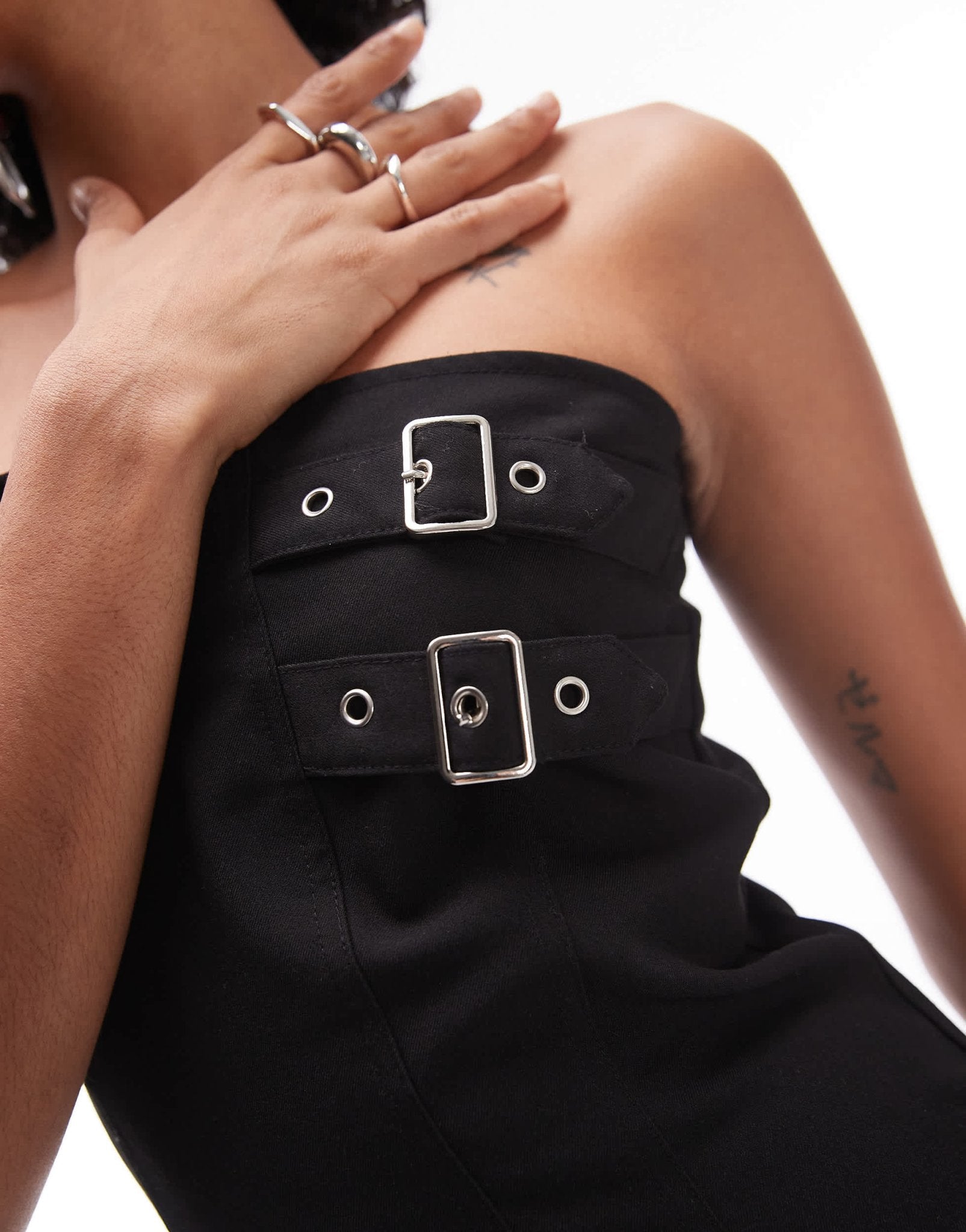 Resume bandeau Y2K mini dress in black with buckles - ASOS Sample Sale
