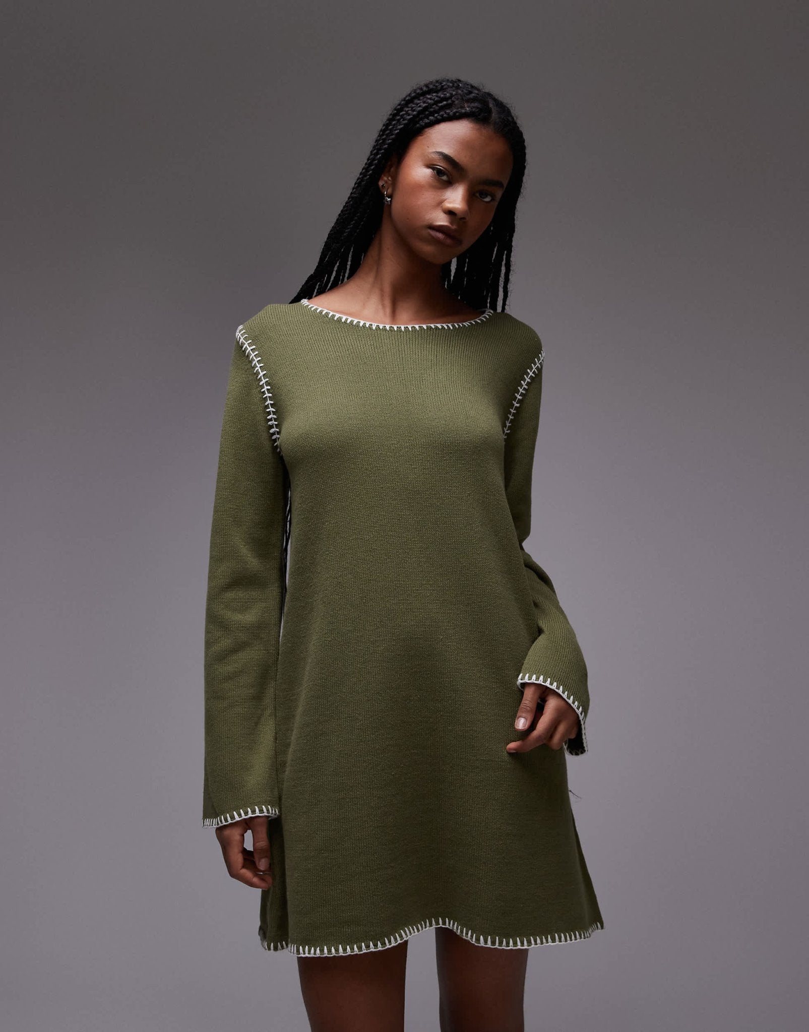 Resume blanket stitch a line mini dress in army green - ASOS Sample Sale
